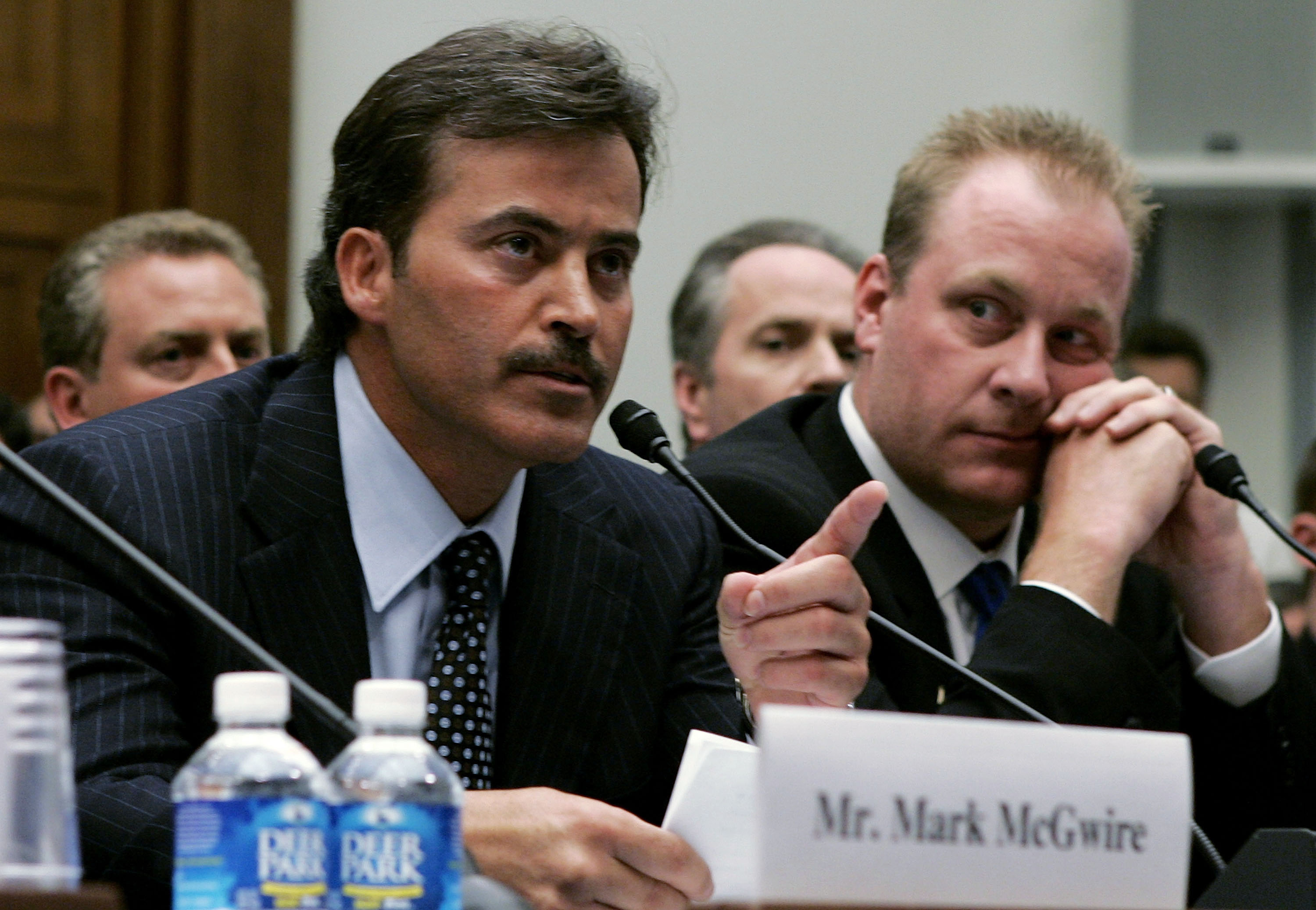 WASHINGTON - MARCH 17:  Baltimore Oriole Rafael Palmeiro testifies as Boston Red Sox pitcher Curt Schilling listens during a House Committe session investigating Major League Baseball's effort to eradicate steroid use on Capital Hill March 17, 2005 in Was