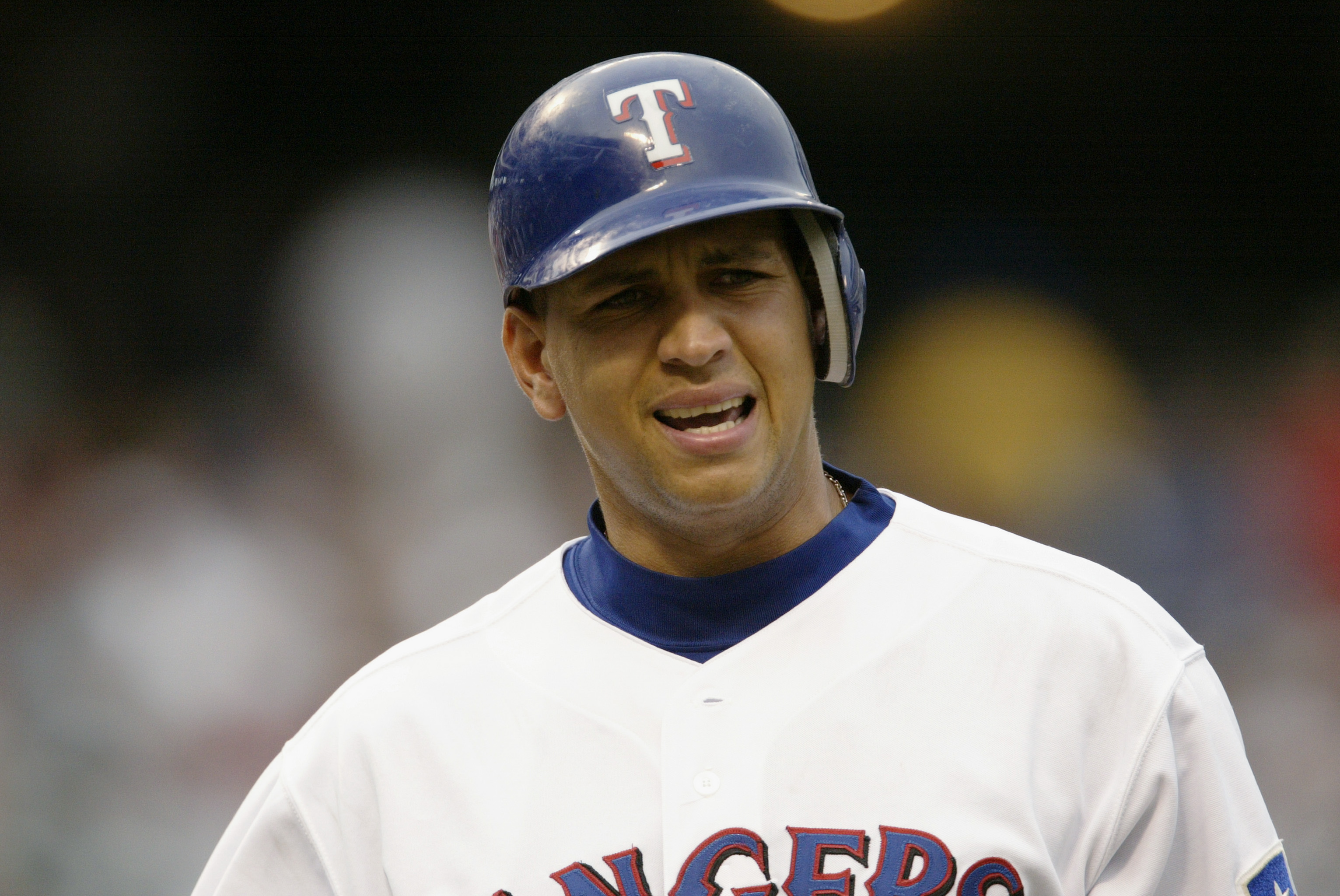 ARLINGTON, TEXAS - JULY 30:  (FILE PHOTO) Shortstop Alex Rodriguez  #3 of the Texas Rangers complains as he walks back to the dugout after getting called out on strikes against the Boston Red Sox in the first inning of the American League game at the Ball