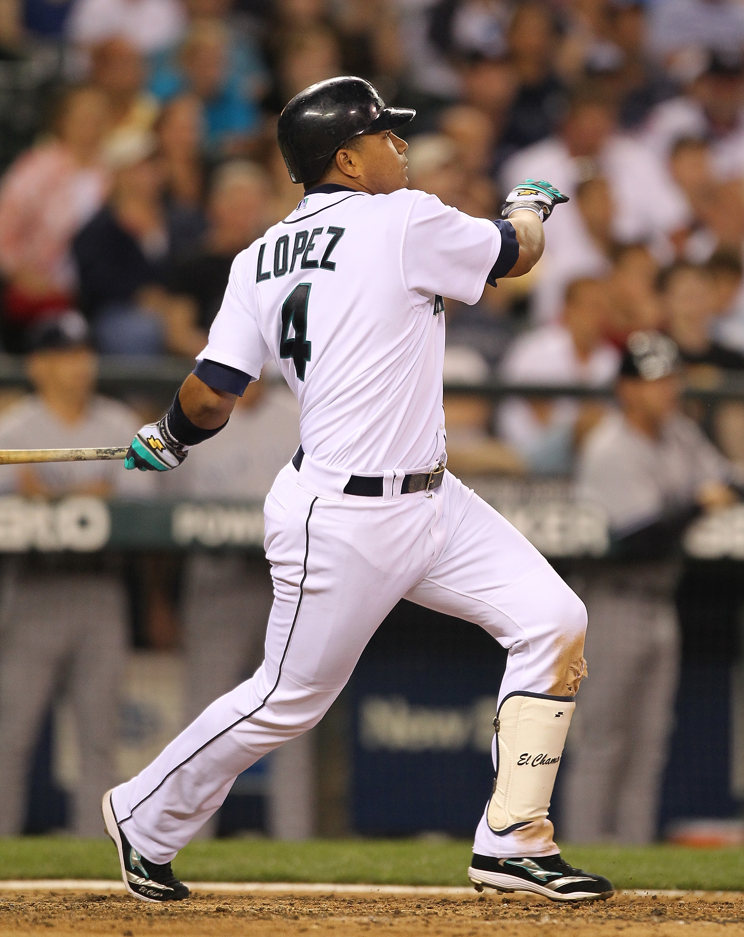SEATTLE - JULY 10:  Jose Lopez #4 of the Seattle Mariners hits a grand slam in the eighth inning against the New York Yankees at Safeco Field on July 10, 2010 in Seattle, Washington. (Photo by Otto Greule Jr/Getty Images)