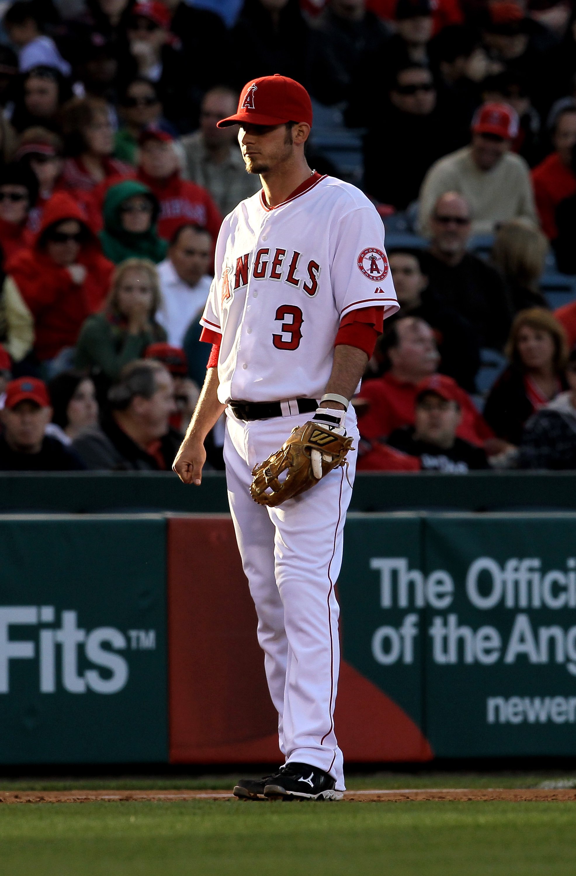 ANAHEIM, CA - APRIL 28:  Third baseman Brandon Wood #3 of the Los Angeles Angels of Anaheim stands in the the infield in the game against the Cleveland Indians on April 28, 2010 at Angel Stadium in Anaheim, California.  The Angels won 4-3.  (Photo by Step