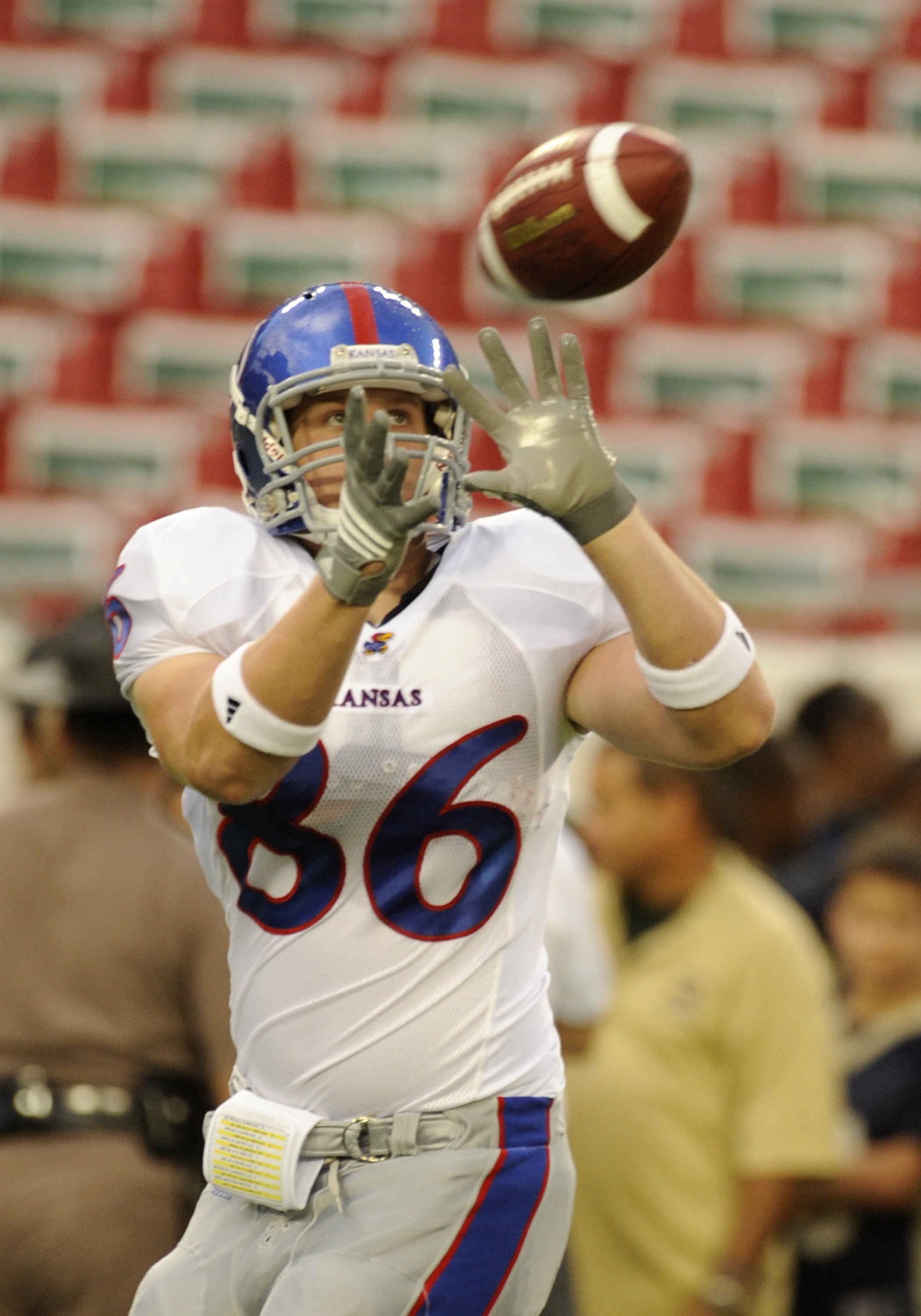 TAMPA, FL - SEPTEMBER 12: Tight end Tim Biere #86 of the Kansas University Jayhawks grabs a warmup pass before play against the University of South Florida Bulls at Raymond James Stadium on September 12, 2008 in Tampa, Florida. (Photo by Al Messerschmidt