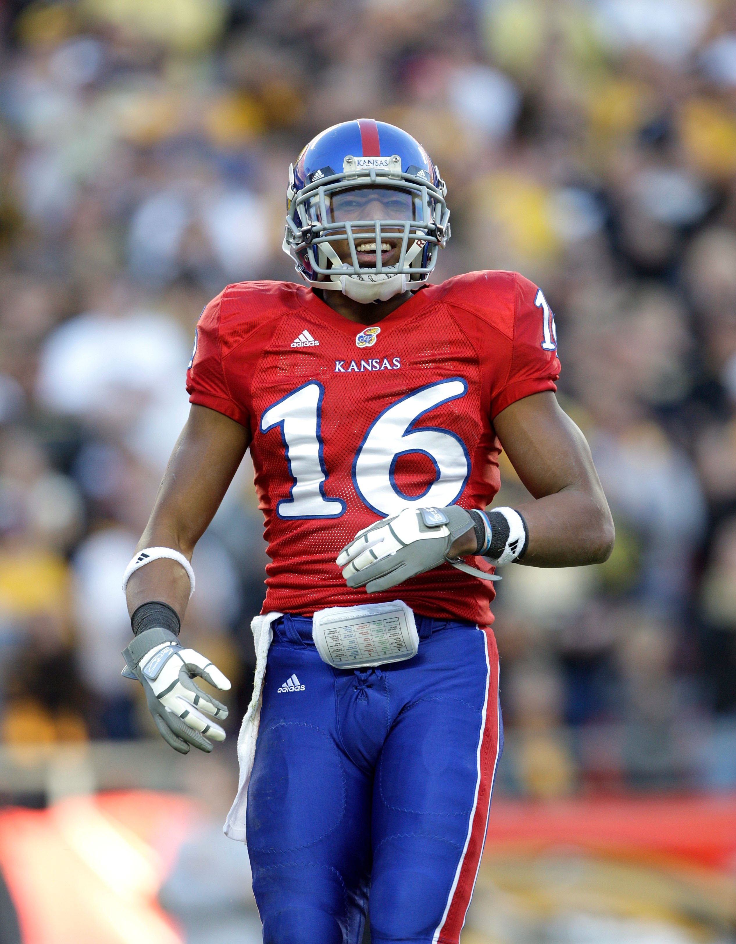 KANSAS CITY, MO - NOVEMBER 28: Cornerback Chris Harris #16 of the Kansas Jayhawks looks on during the game against the Missouri Tigers at Arrowhead Stadium on November 28, 2009 in Kansas City, Missouri. (Photo by Jamie Squire/Getty Images)