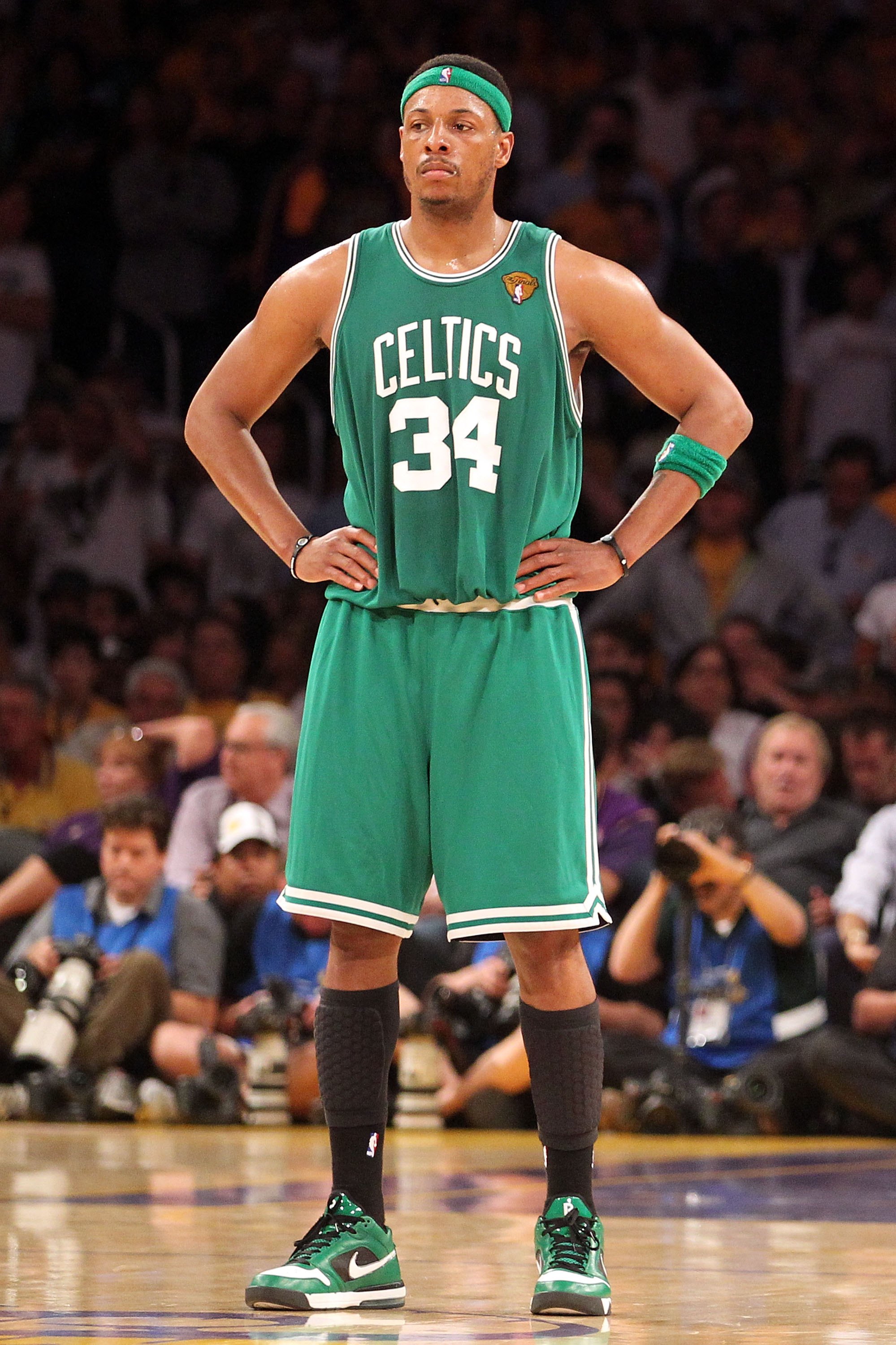 LOS ANGELES, CA - JUNE 17:  Paul Pierce #34 of the Boston Celtics reacts with taking on the Los Angeles Lakers in Game Seven of the 2010 NBA Finals at Staples Center on June 17, 2010 in Los Angeles, California.  NOTE TO USER: User expressly acknowledges a
