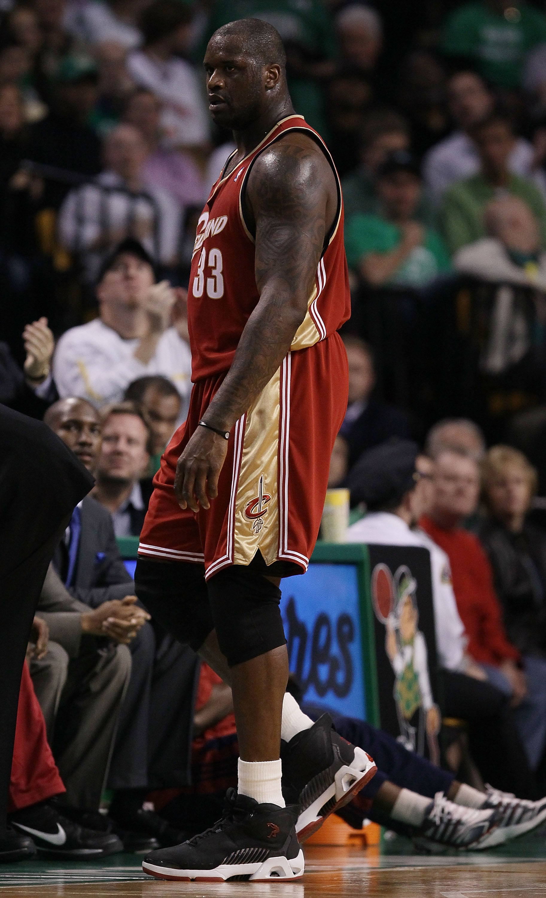 BOSTON - MAY 13:  Shaquille O'Neal #33 of the Cleveland Cavaliers walks to the bench after he is taken out of the game against the Boston Celtics during Game Six of the Eastern Conference Semifinals of the 2010 NBA playoffs at TD Garden on May 13, 2010 in