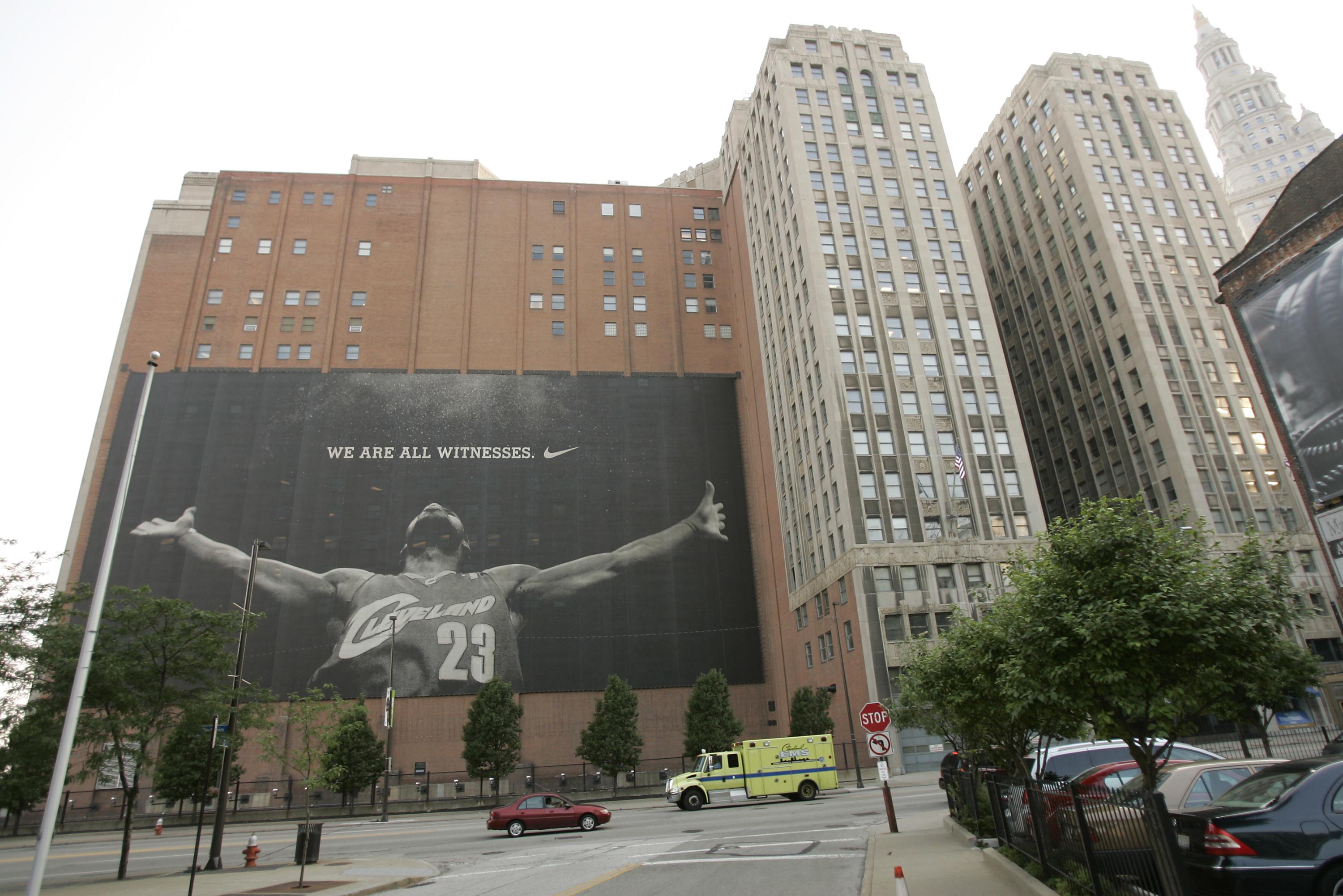 CLEVELAND - JULY 8: A larger than life photograph of LeBron James is displayed July 8, 2010 in Cleveland, Ohio. The two-time Most Valuable Player has the choice of remaining with the Cleveland Cavaliers or signing with a new team. (Photo by J.D. Pooley/G