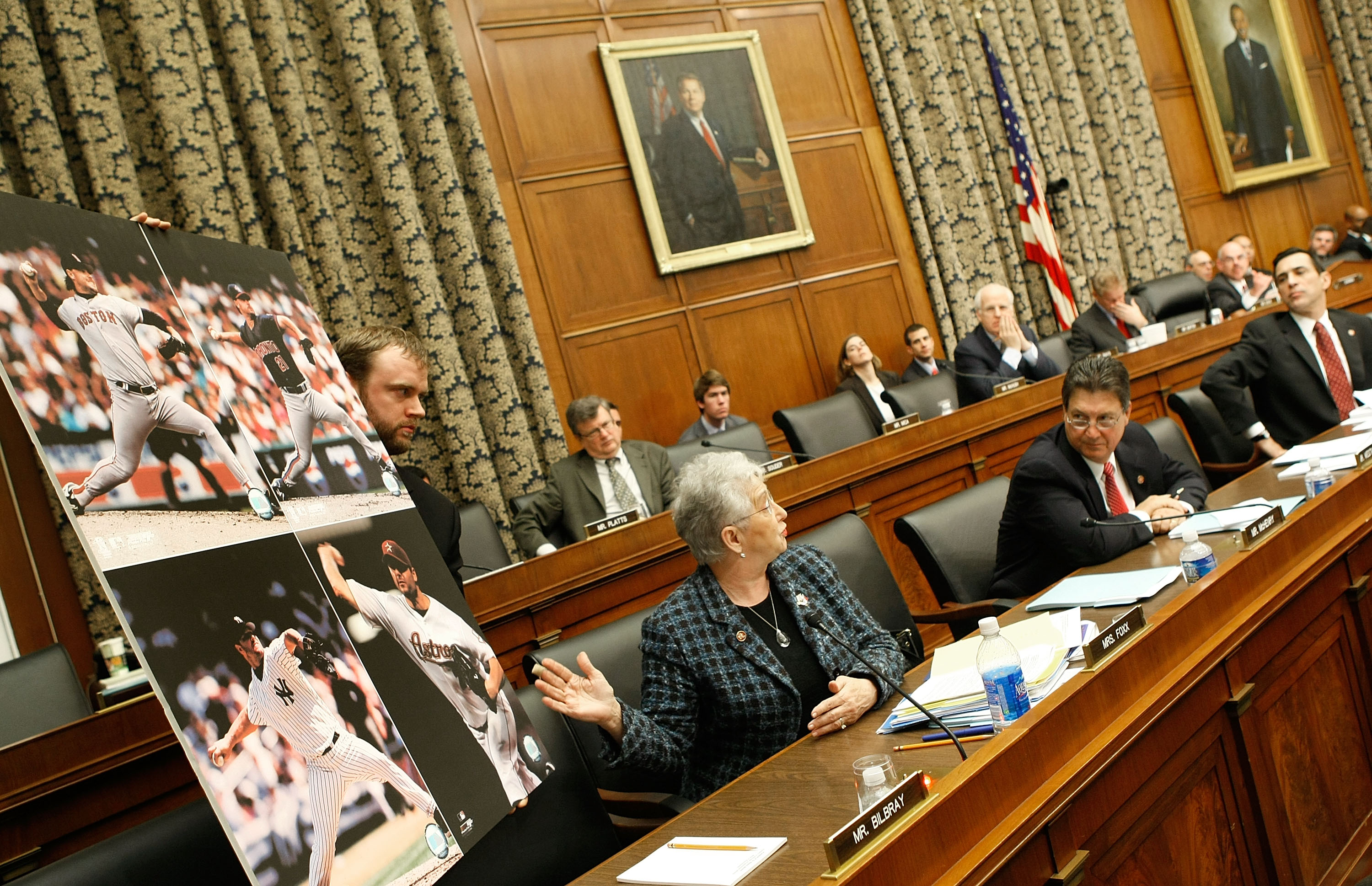 WASHINGTON - FEBRUARY 13:  Rep. Virginia Foxx (R- NC) shows pictures of Major League Baseball player Roger Clemens during a House Oversight and Government Reform Committee hearing February 13, 2008 in Washington, DC. The committee is hearing testimony on