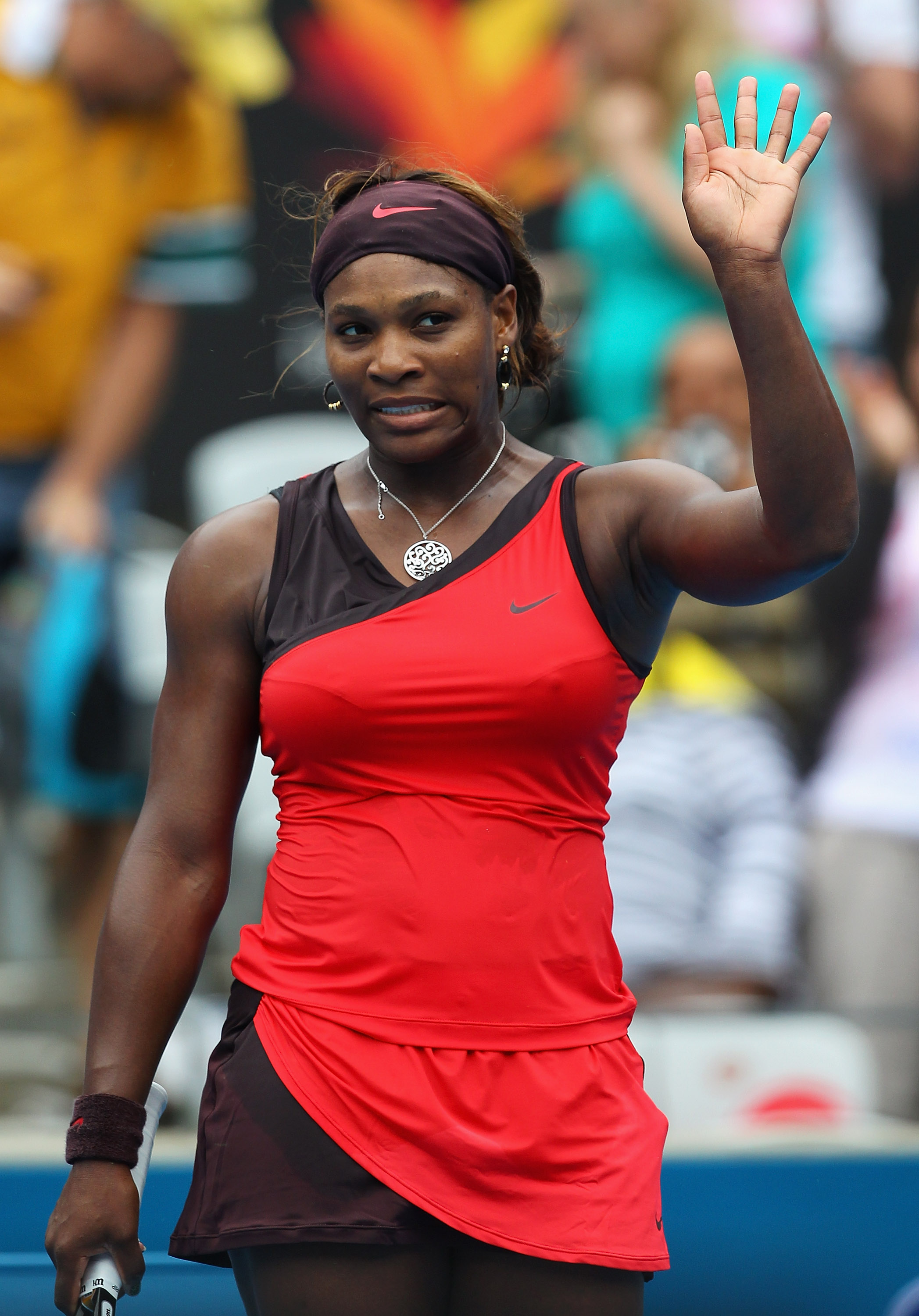 SYDNEY, AUSTRALIA - JANUARY 14:  Serena Williams of the USA waves to the crowd after winning her semi final match against Aravane Rezai of France during day five of the 2010 Medibank International at Sydney Olympic Park Sports Centre on January 14, 2010 i