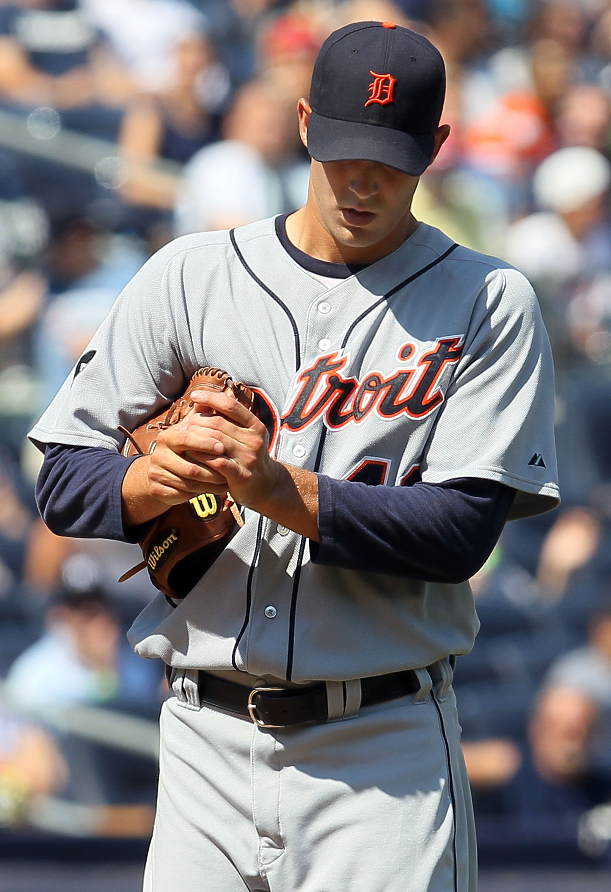 NEW YORK - AUGUST 19:  Rick Porcello #48 of the Detroit Tigers looks on during the sixth inning against the New York Yankees on August 19, 2010 at Yankee Stadium in the Bronx borough of New York City.  (Photo by Jim McIsaac/Getty Images)