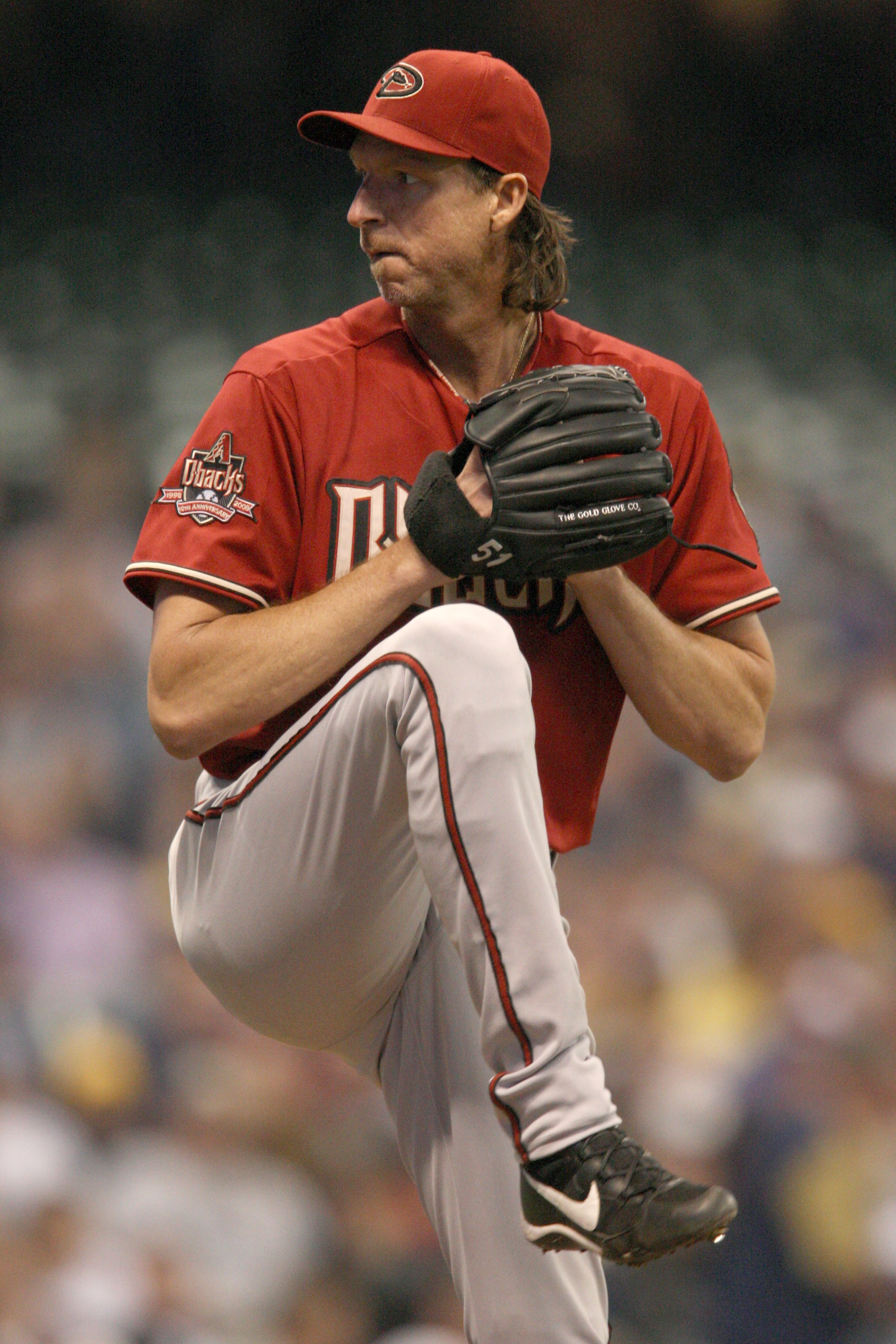 MILWAUKEE - JUNE 03: Pitcher Randy Johnson #51 of the Arizona Diamondbacks delivers a pitch against the Milwaukee Brewers on June 3, 2008 at Miller Park in Milwaukee, Wisconsin. The Brewers defeated the Diamondbacks 7-1. (Photo by Jonathan Daniel/Getty Im