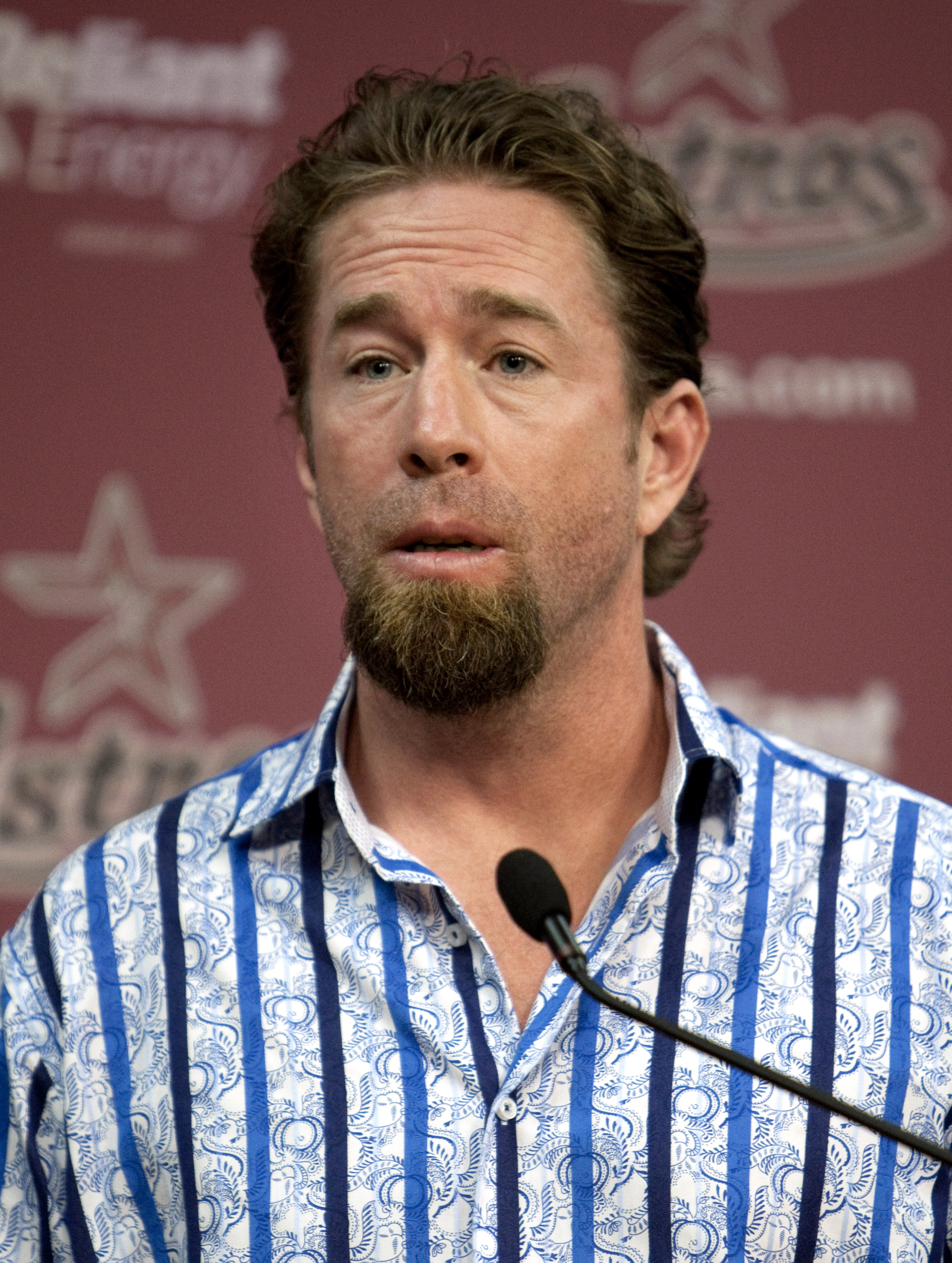 HOUSTON - JULY 11:  Jeff Bagwell, former Houston Astros first baseman, addresses the media after being named hitting coach at Minute Maid Park on July 11, 2010 in Houston, Texas. Bagwell is replacing Sean Berry and will start after the All-Star break.  (P