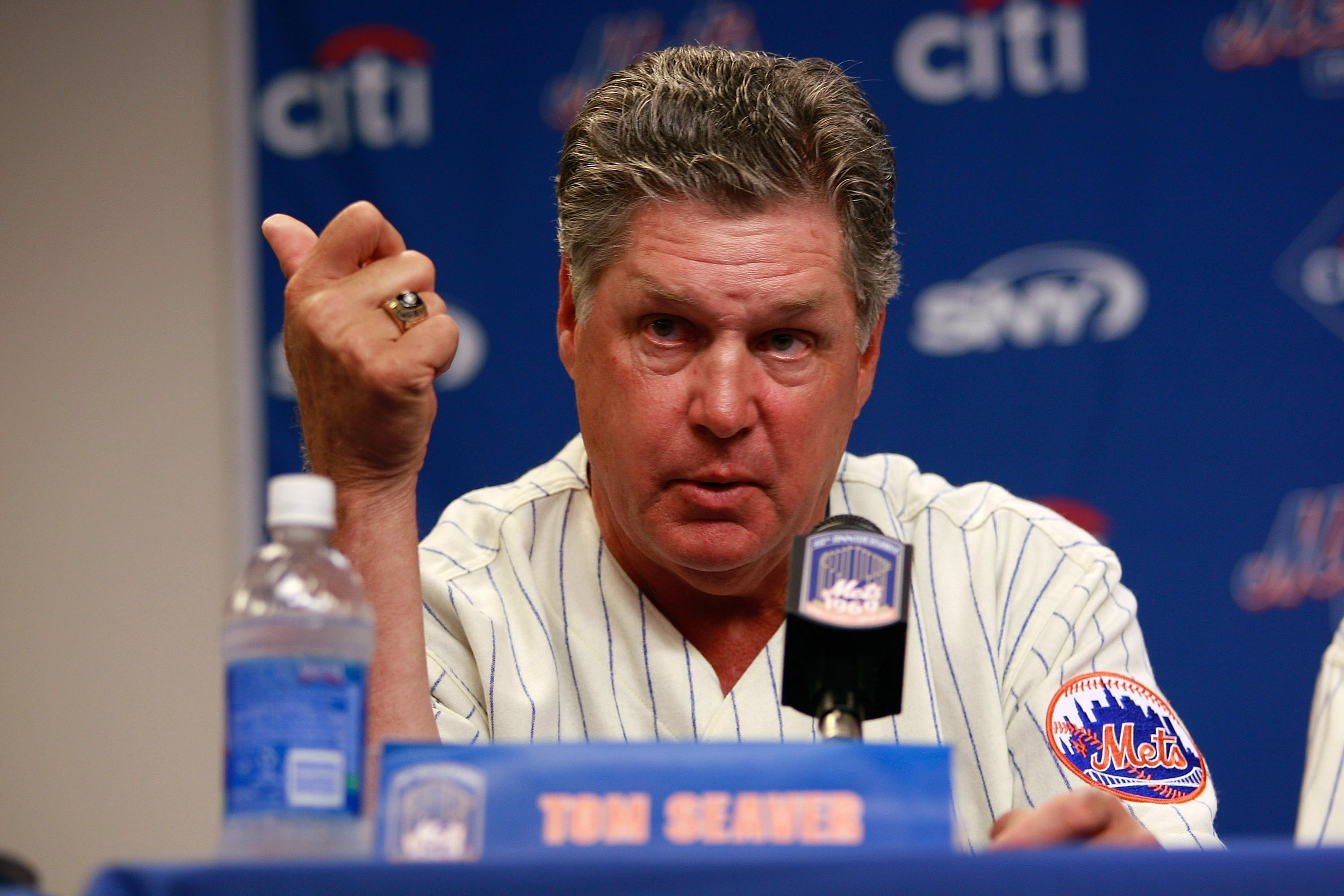 NEW YORK - AUGUST 22:  Tom Seaver speaks at a press conference commemorating the New York Mets 40th anniversary of the 1969 World Championship team on August 22, 2009 at Citi Field in the Flushing neighborhood of the Queens borough of New York City.  (Pho