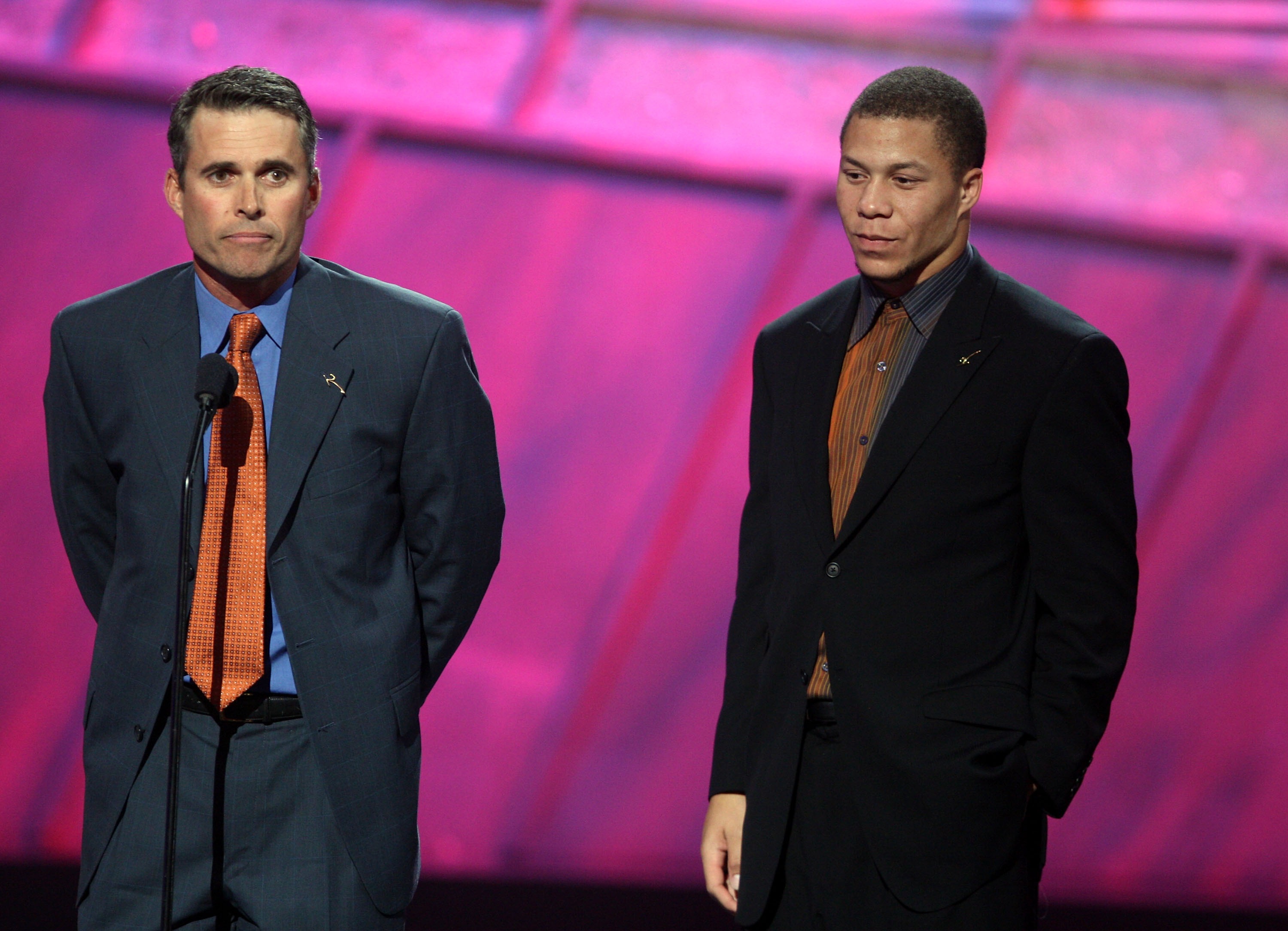 HOLLYWOOD - JULY 11: Boise State football coach Chris Peterson (L) and player Ian Johnson accept the award for 'Best Game' onstage during the 2007 ESPY Awards at the Kodak Theatre on July 11, 2007 in Hollywood, California. (Photo by Kevin Winter/Getty I