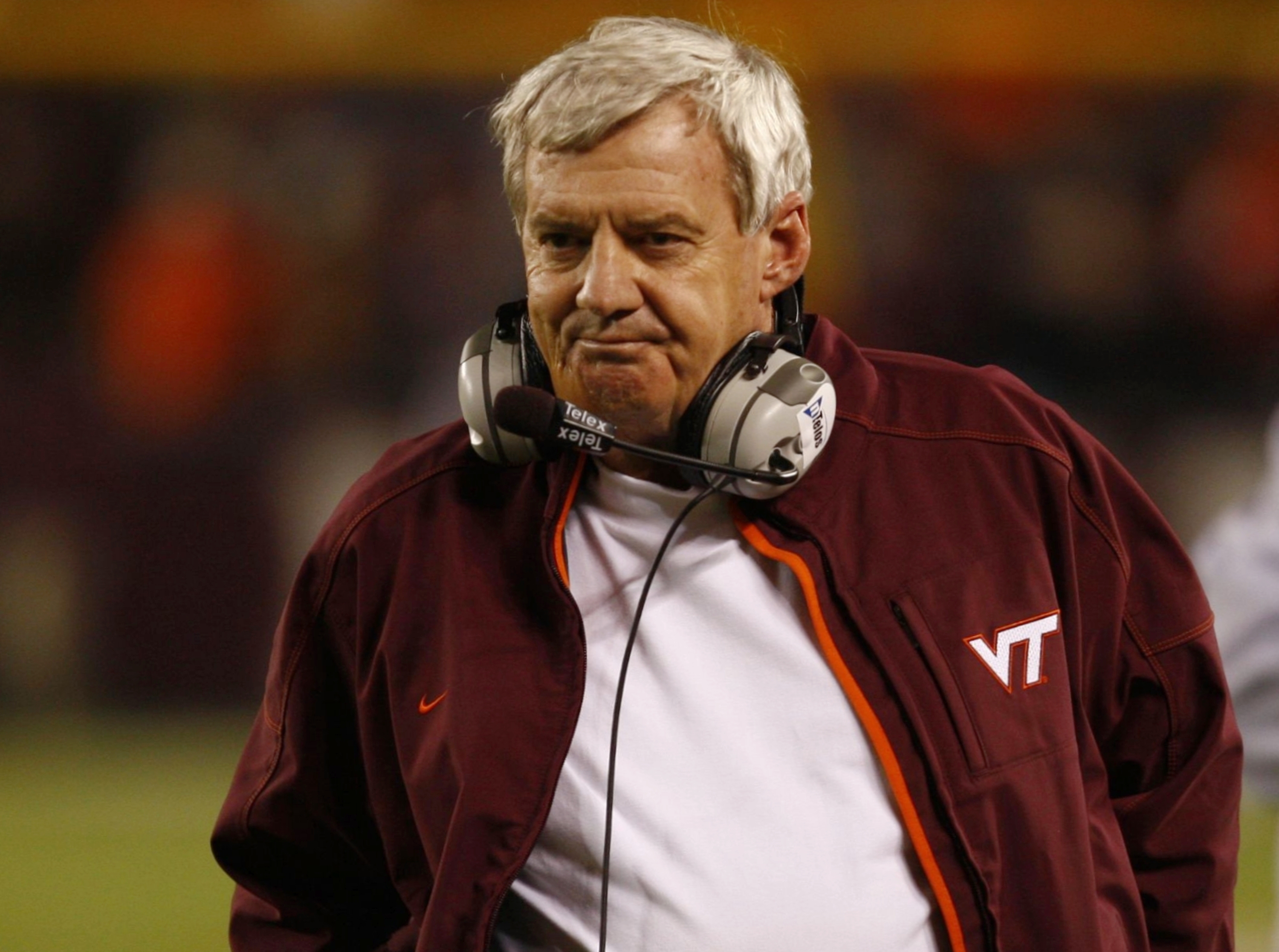 BLACKSBURG, VA - OCTOBER 29: Head coach Frank Beamer of the Virginia Tech University Hokies reacts as he walks the sidelines during the second half of the game against the North Carolina Tar Heels at Lane Stadium on October 29, 2009 in Blacksburg, Virgin