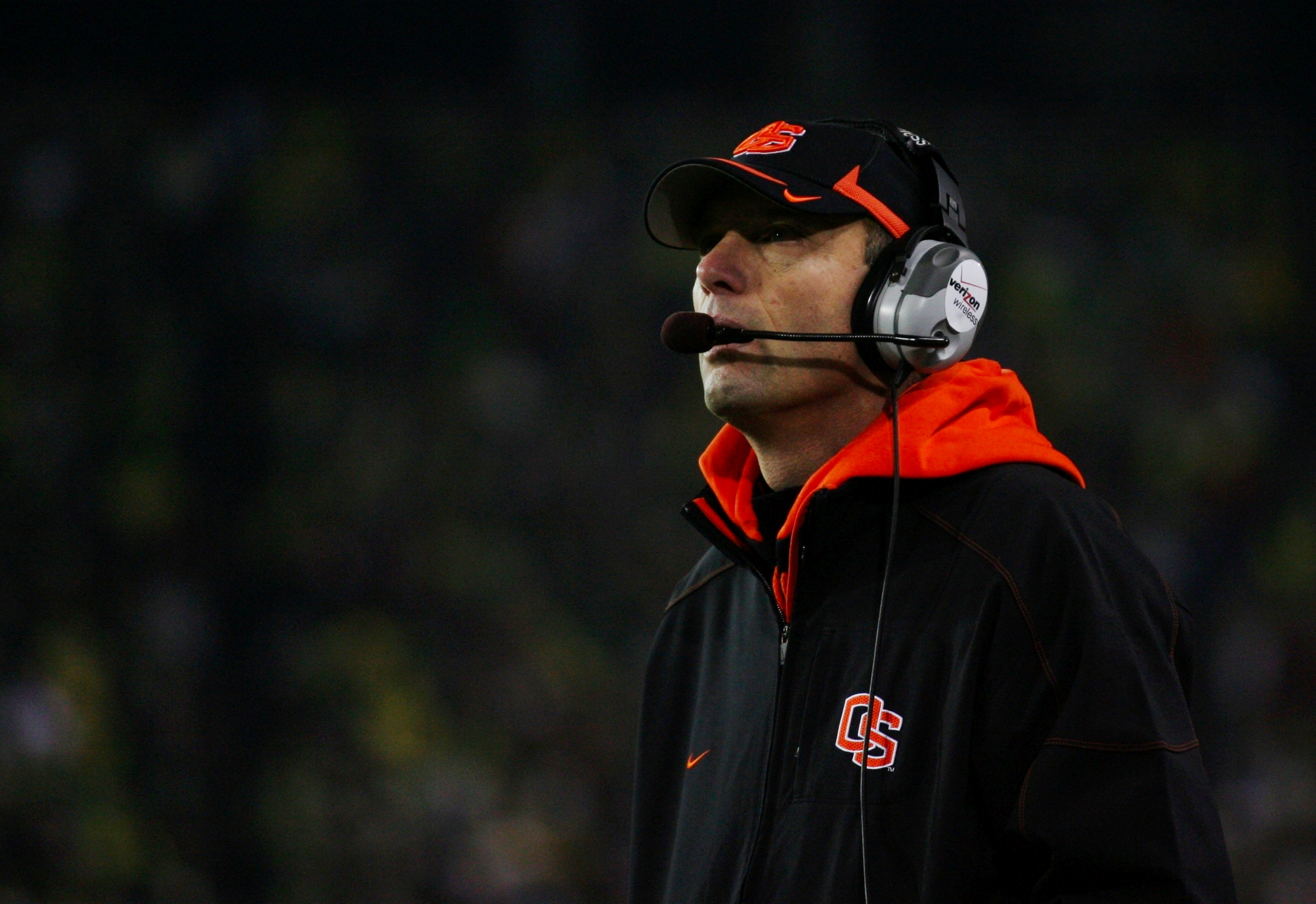 EUGENE,OR - DECEMBER 03: Head coach Mike Riley of the Oregon State Beavers watches play against the Oregon Ducks at Autzen Stadium on December 3, 2009 in Eugene, Oregon. (Photo by Tom Hauck/Getty Images)