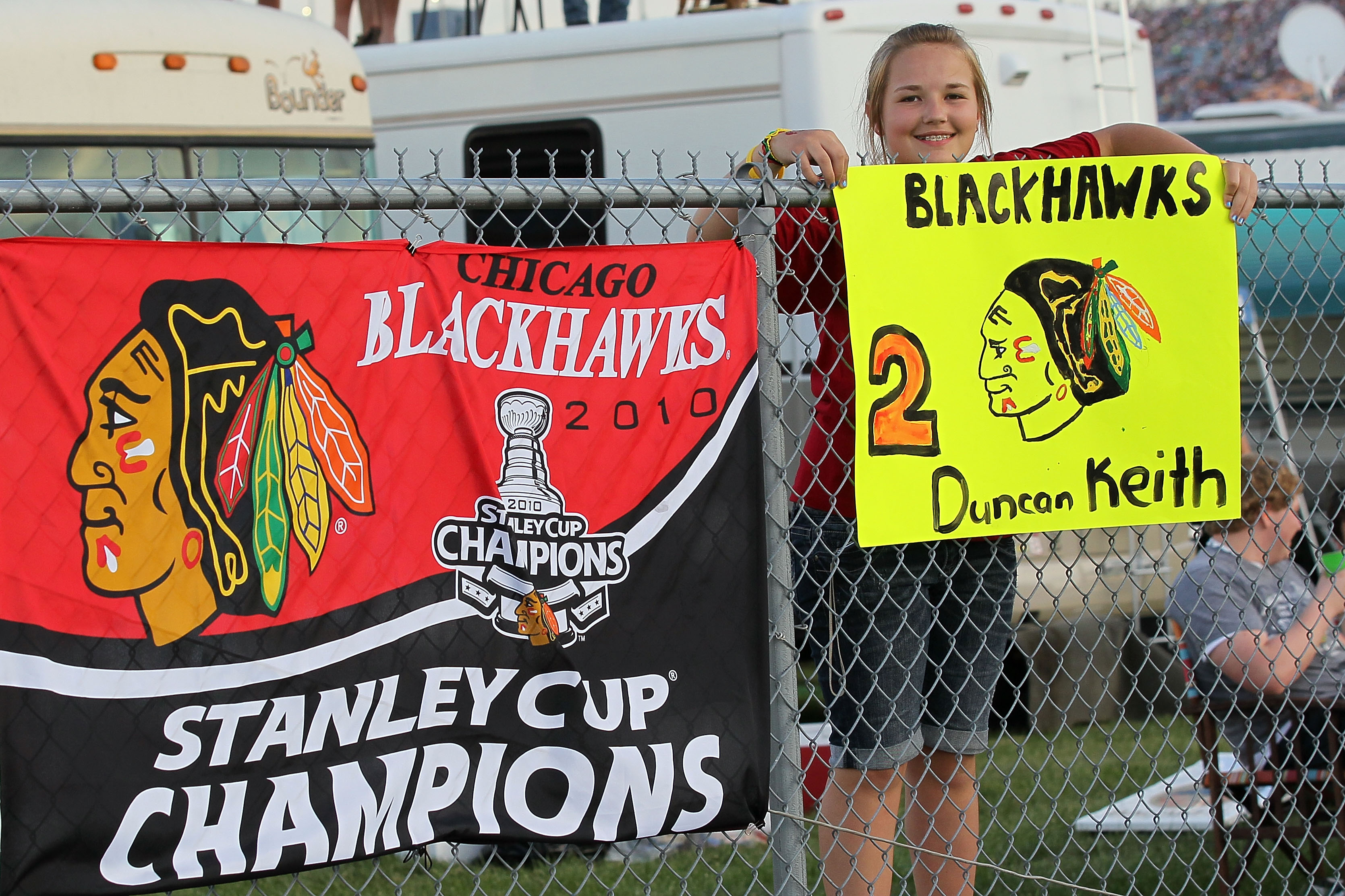JOLIET, IL - JULY 10: Nascar fans show support for Duncan Keith of the NYL's Chicago Blackhawks during the NASCAR Sprint Cup Series LIFELOCK.COM 400 at the Chicagoland Speedway on July 10, 2010 in Joliet, Illinois. (Photo by Andy Lyons/Getty Images)