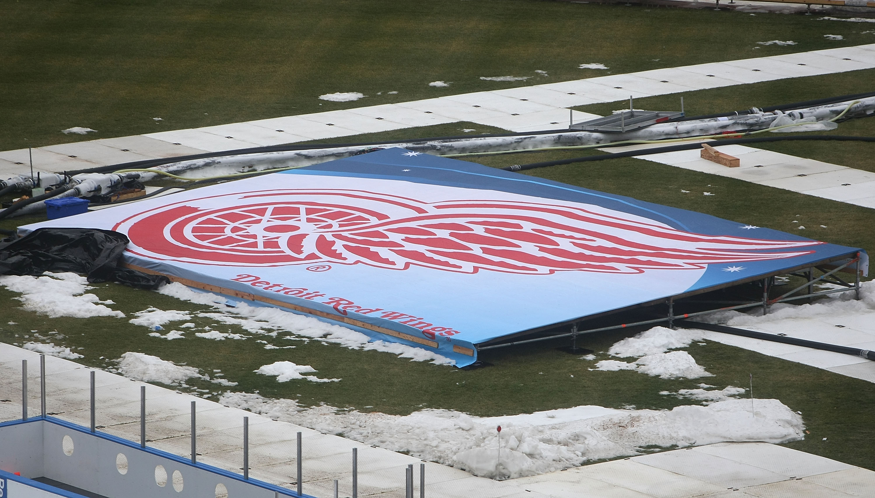 CHICAGO - DECEMBER 27: A Detroit Redwings logo is seen as preparations continue during a media availability for the 2009 NHL Winter Classic on December 27, 2008 at Wrigley Field in Chicago, Illinois. The Winter Classic will feature the Chicago Blackhawks