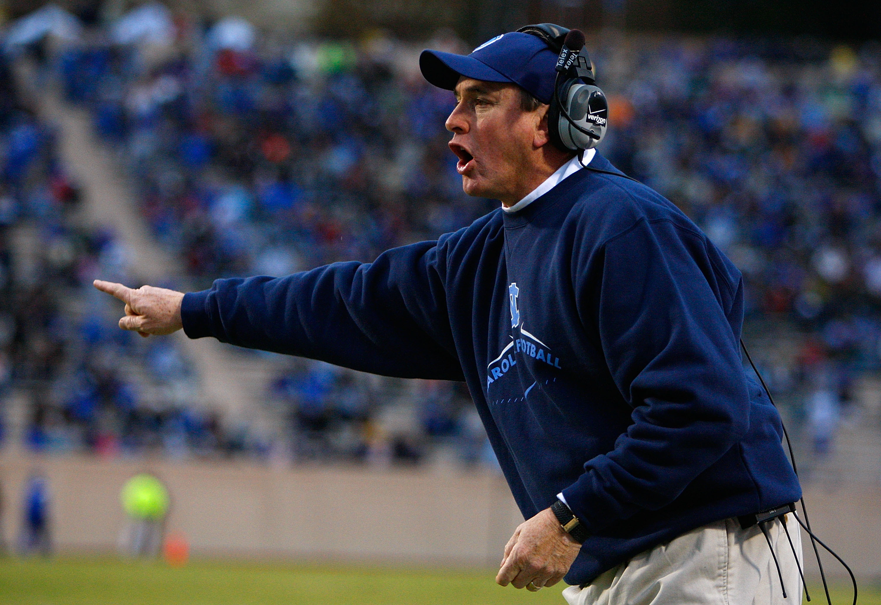 DURHAM, NC - NOVEMBER 29: Head coach Butch Davis of the North Carolina Tar Heels yells to his defense during the game against the Duke Blue Devils at Wallace Wade Stadium on November 29, 2008 in Durham, North Carolina. (Photo by Kevin C. Cox/Getty Image