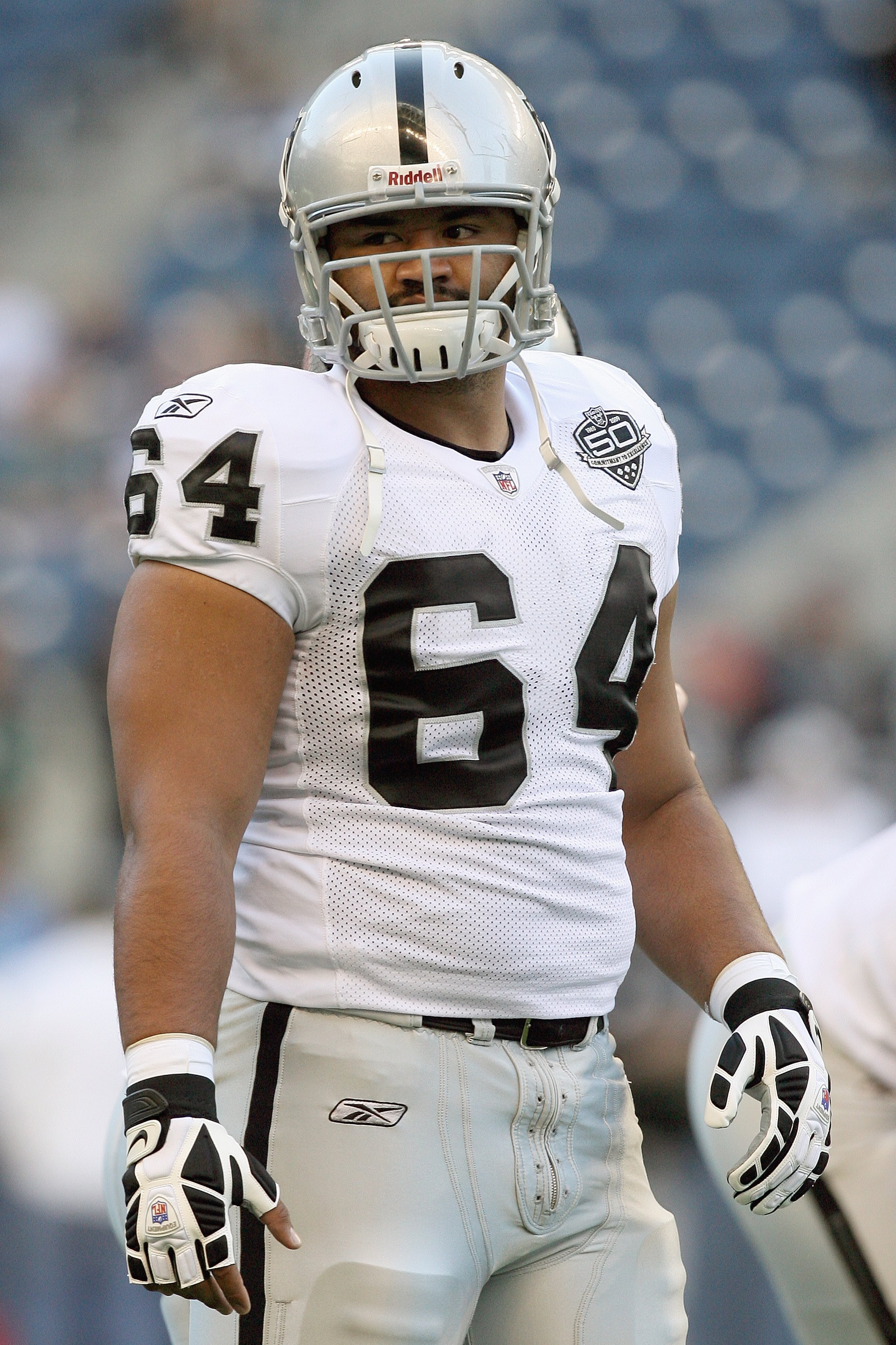 SEATTLE - SEPTEMBER 03: Samson Satele #64 of the Oakland Raiders stands on the field before the game against the Seattle Seahawks on September 3, 2009 at Qwest Field in Seattle, Washington. (Photo by Otto Greule Jr/Getty Images)
