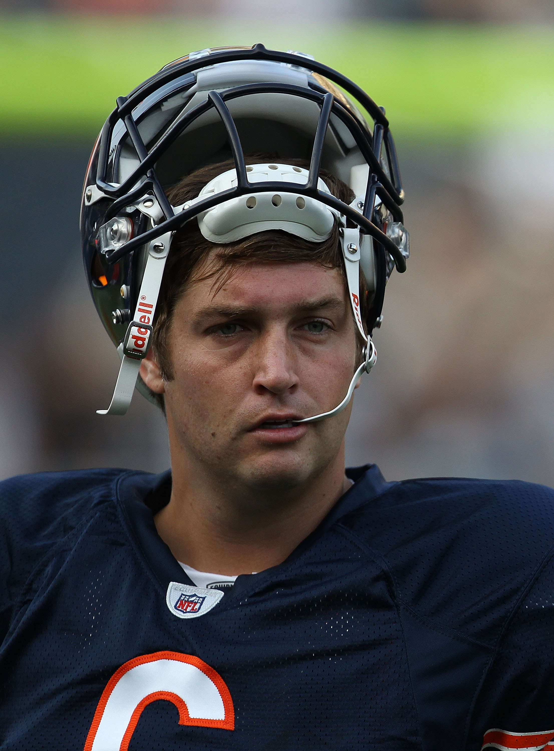 CHICAGO - AUGUST 21: Jay Cutler #6 of the Chicago Bears takes a break during warm-ups before a preseason game against the Oakland Raiders at Soldier Field on August 21, 2010 in Chicago, Illinois. The Raiders defeated the Bears 32-17. (Photo by Jonathan Da