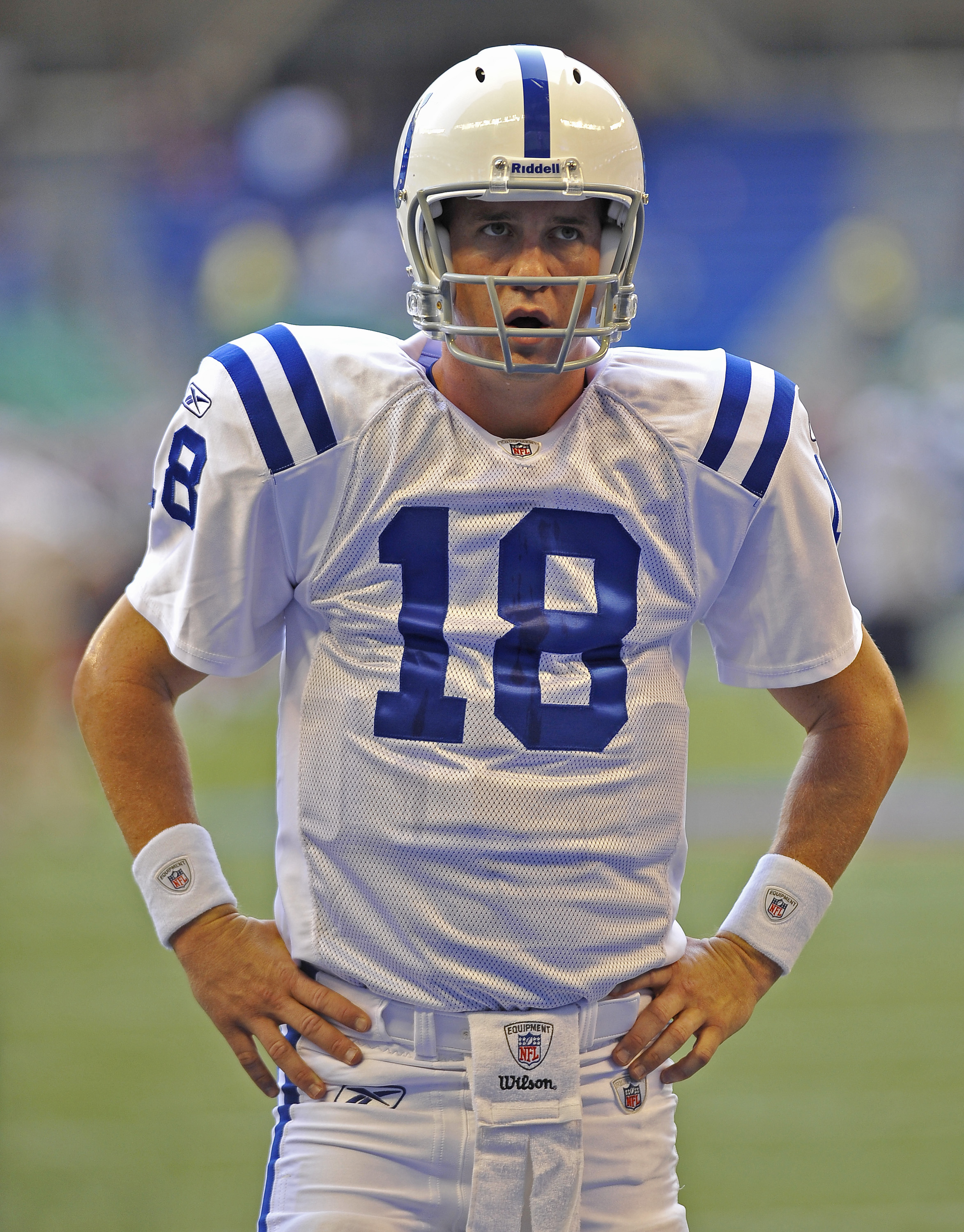 TORONTO, CANADA - AUGUST 19: Peyton Manning #18 of the Indianapolis Colts looks on prior to game action against of the Buffalo Bills on August 19, 2010 at the Rogers Centre in Toronto, Ontario, Canada. (Photo by Brad White/Getty Images)