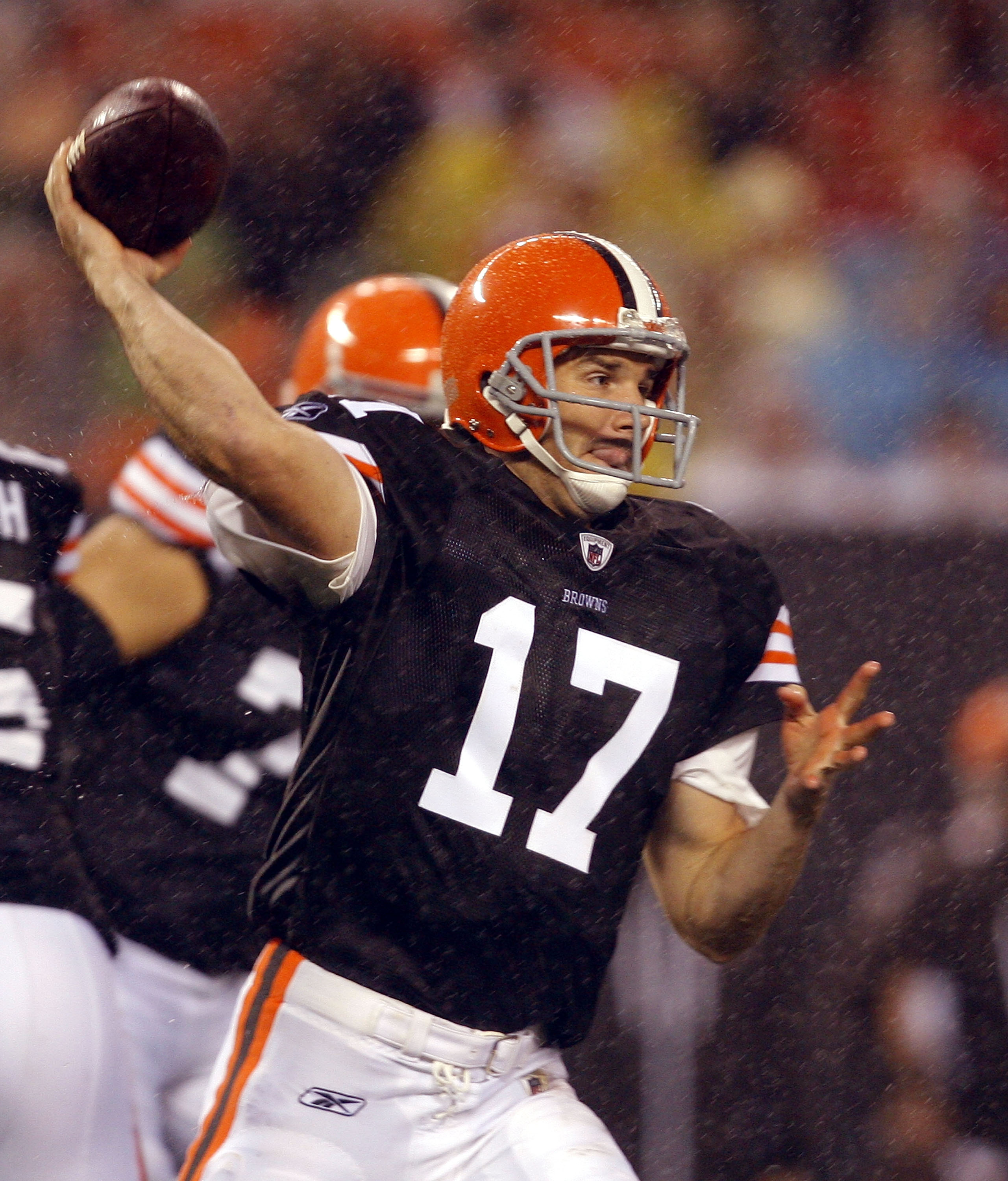 CLEVELAND - AUGUST 21:  Jake Delhomme #17 of the Cleveland Browns throws to a receiver against the St. Louis Rams at Cleveland Browns Stadium on August 21, 2010 in Cleveland, Ohio.  (Photo by Matt Sullivan/Getty Images)