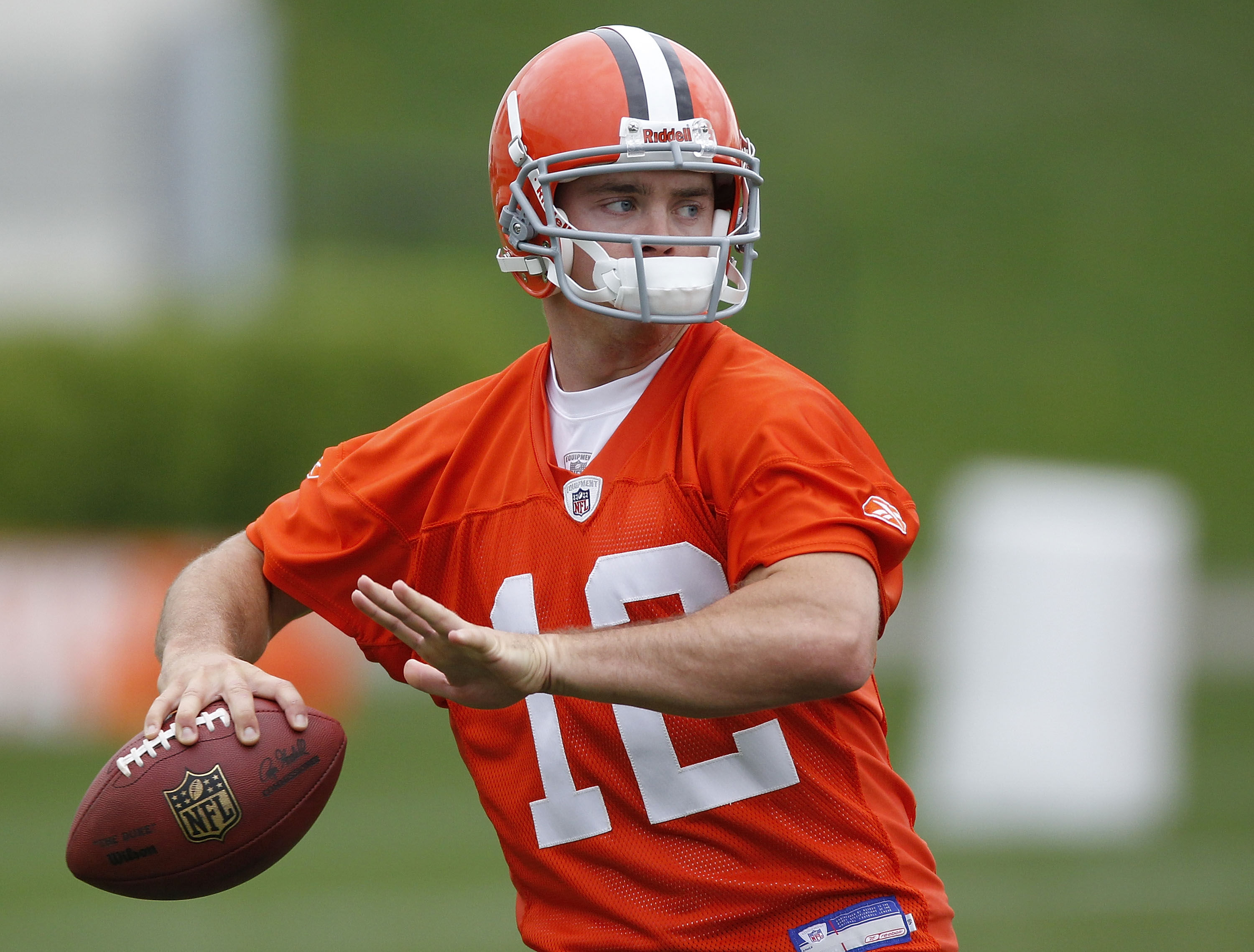 BEREA, OH - MAY 01:  Colt McCoy #12 of the Cleveland Browns gets ready to throw a pass during rookie mini camp at the Cleveland Browns Training and Administrative Complex on May 1, 2010 in Berea, Ohio.  (Photo by Gregory Shamus/Getty Images)