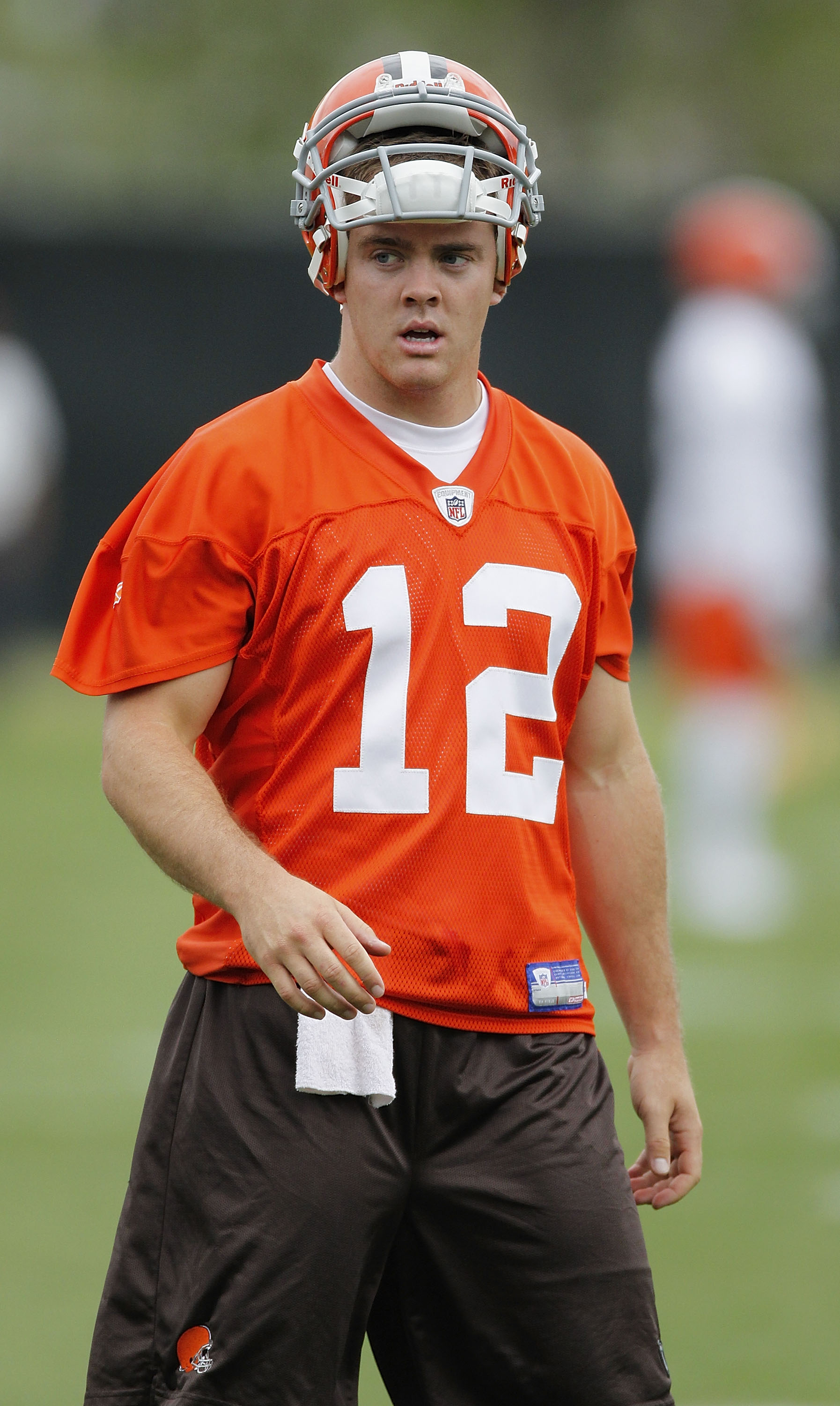 BEREA, OH - MAY 01:  Colt McCoy #12 of the Cleveland Browns looks on during rookie mini camp at the Cleveland Browns Training and Administrative Complex on May 1, 2010 in Berea, Ohio.  (Photo by Gregory Shamus/Getty Images)
