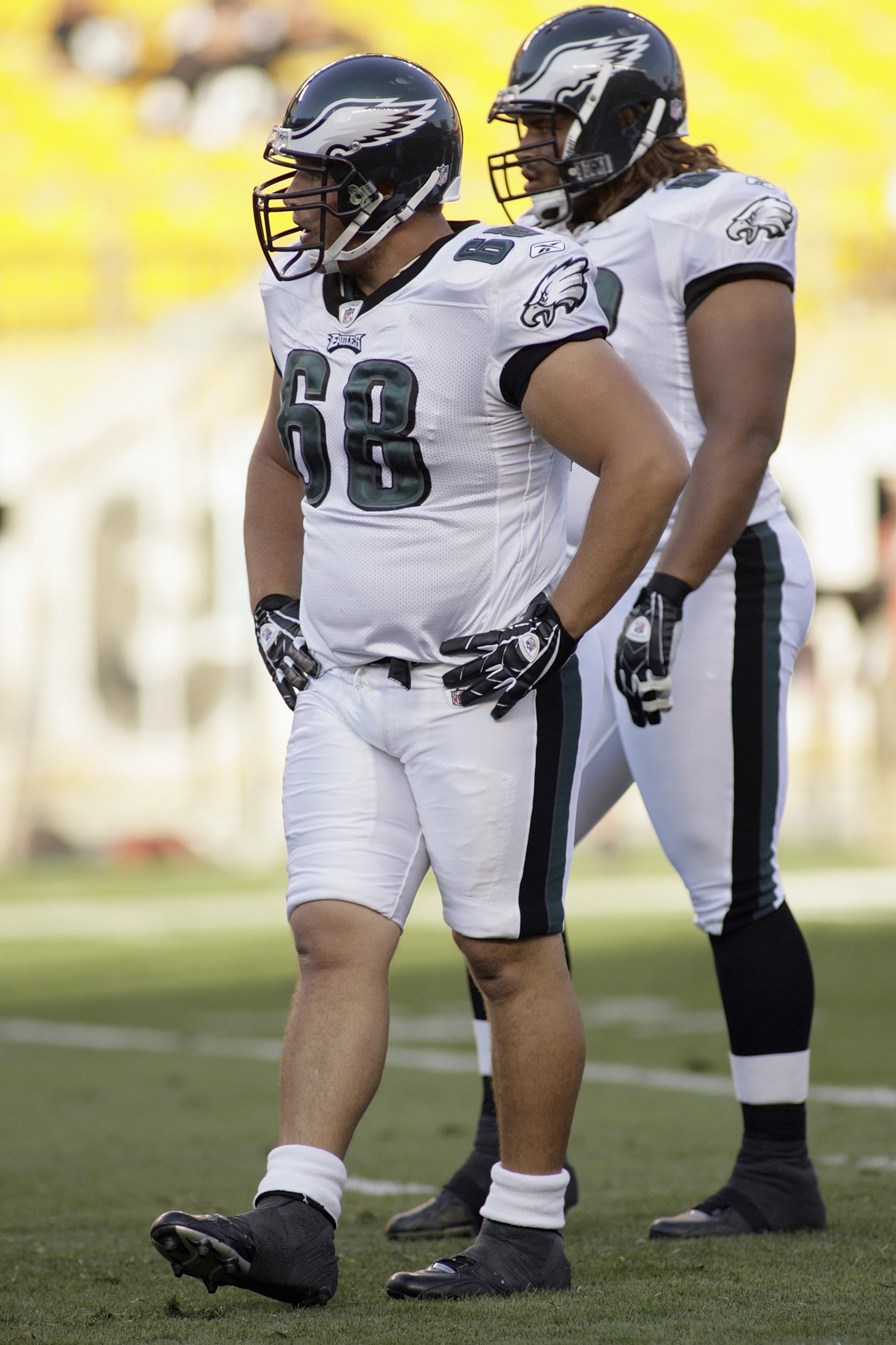 PITTSBURGH - AUGUST 8:  Mike McGlynn #68 of the Philadelphia Eagles looks on during a preseason game against the Pittsburgh Steelers on August 8, 2008 at Heinz Field in Pittsburgh, Pennsylvania. (Photo by Rick Stewart/Getty Images)