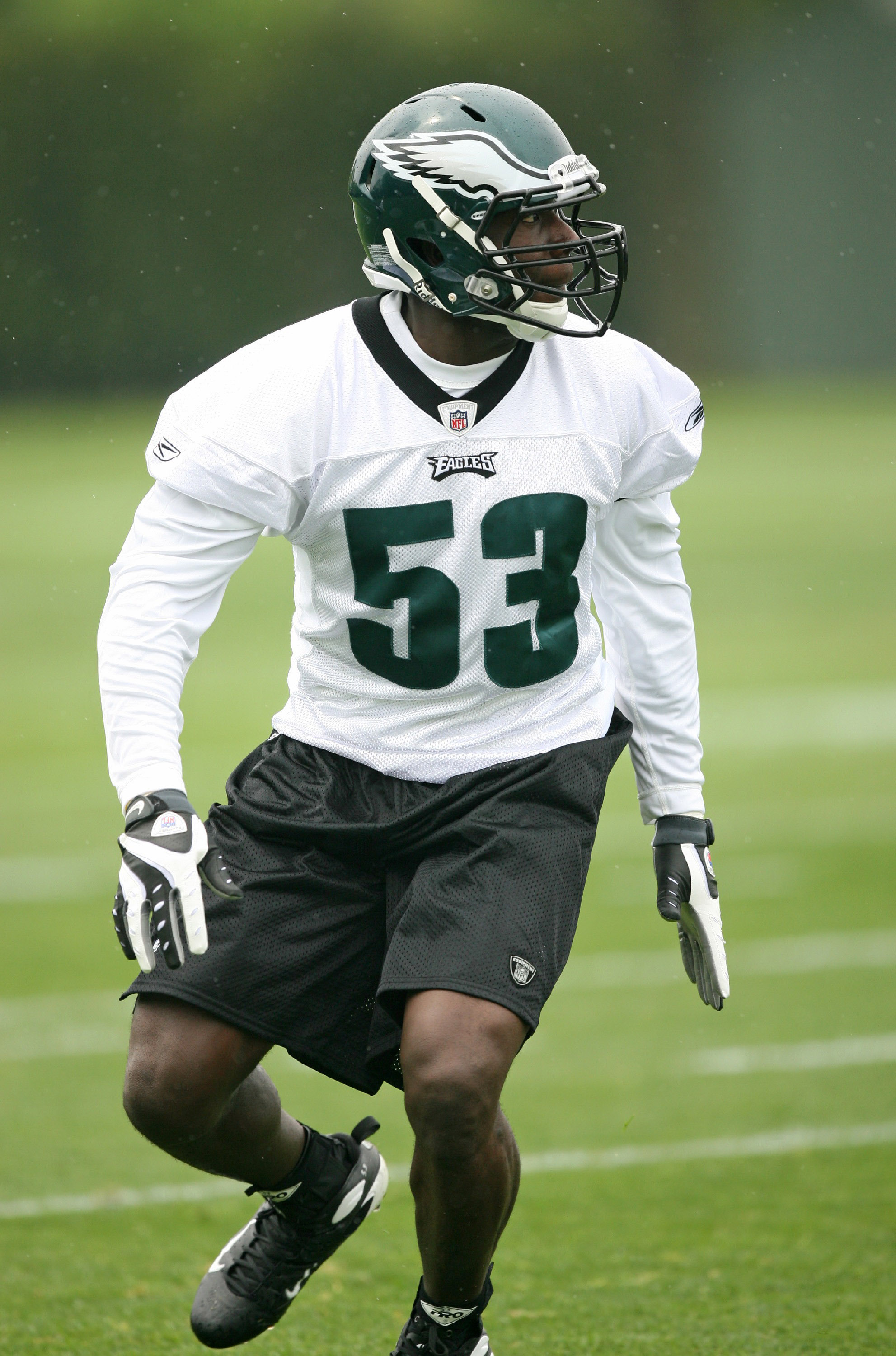 PHILADELPHIA - MAY 1: Linebacker Moise Fokou #53 of the Philadelphia Eagles practices during minicamp at the NovaCare Complex on May 1, 2009 in Philadelphia, Pennsylvania. (Photo by Hunter Martin/Getty Images)