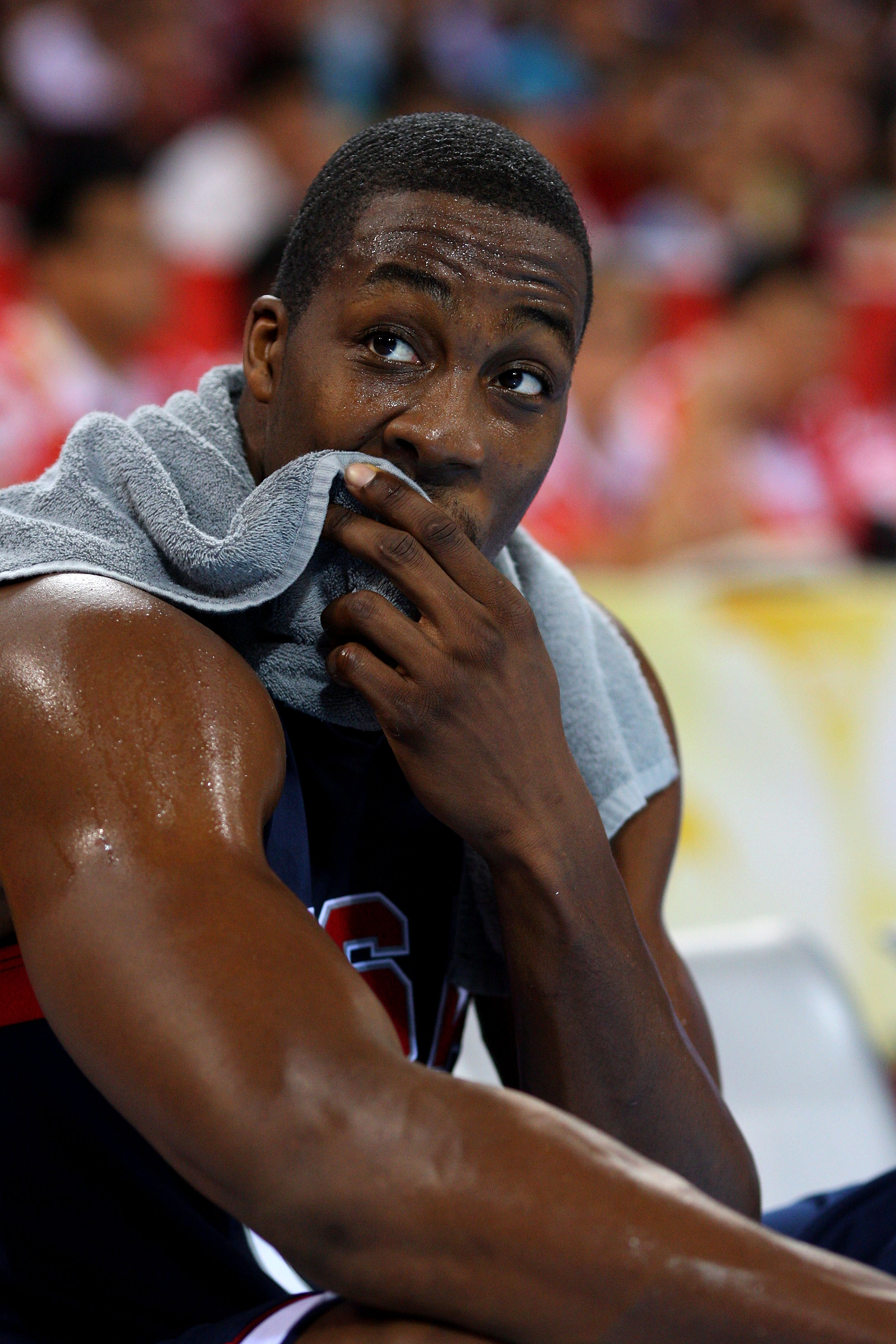 BEIJING - AUGUST 24:  Dwight Howard #11 of the United States looks on from the bench in the gold medal game against Spain during Day 16 of the Beijing 2008 Olympic Games at the Beijing Olympic Basketball Gymnasium on August 24, 2008 in Beijing, China.  (P