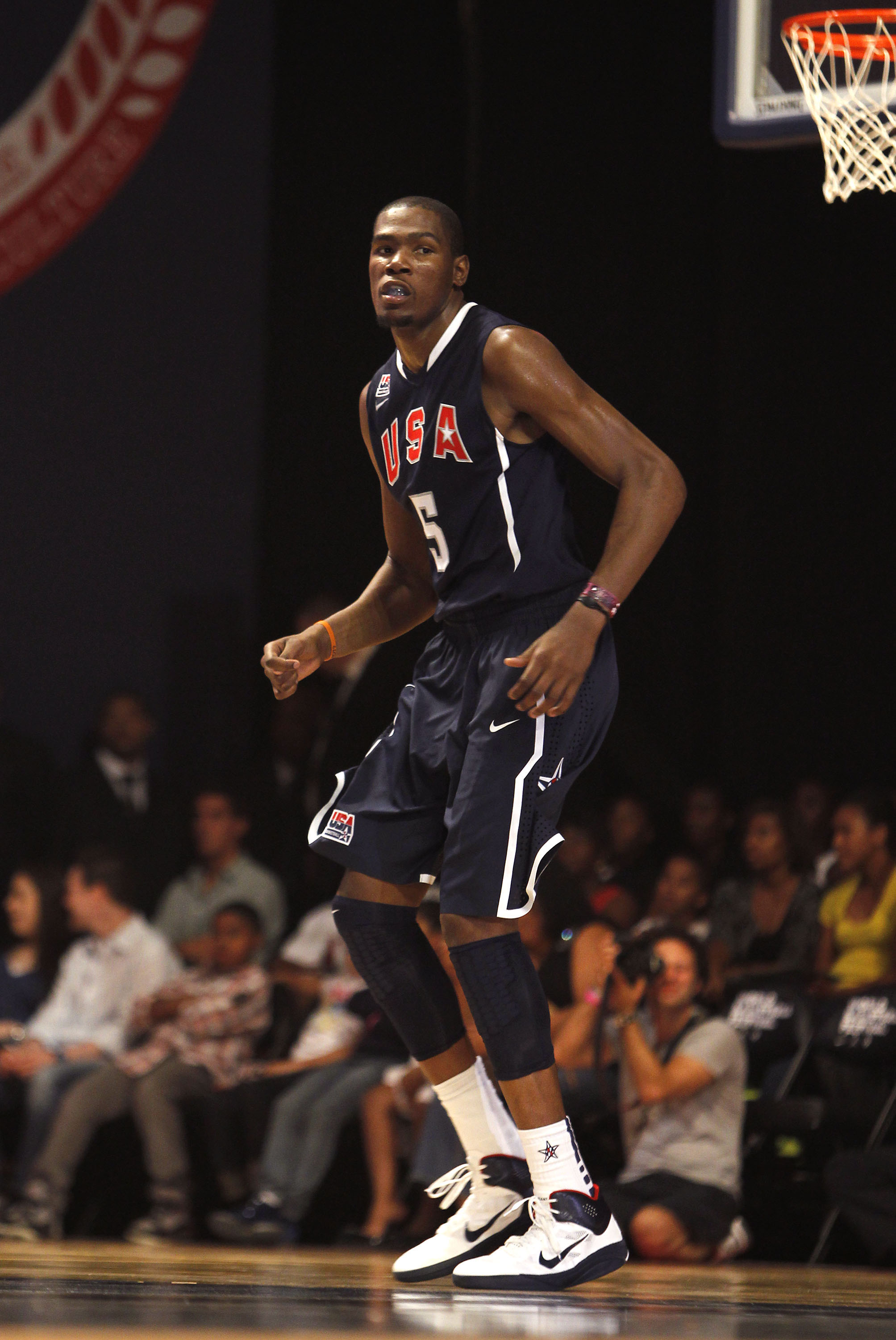 NEW YORK CITY, NY - AUGUST 12:  Kevin Durant #5 looks on during the World Basketball Festival USAB Showcase at Radio City Music Hall on August 12, 2010 in New York City. (Photo by Chris Trotman/Getty Images for Nike)