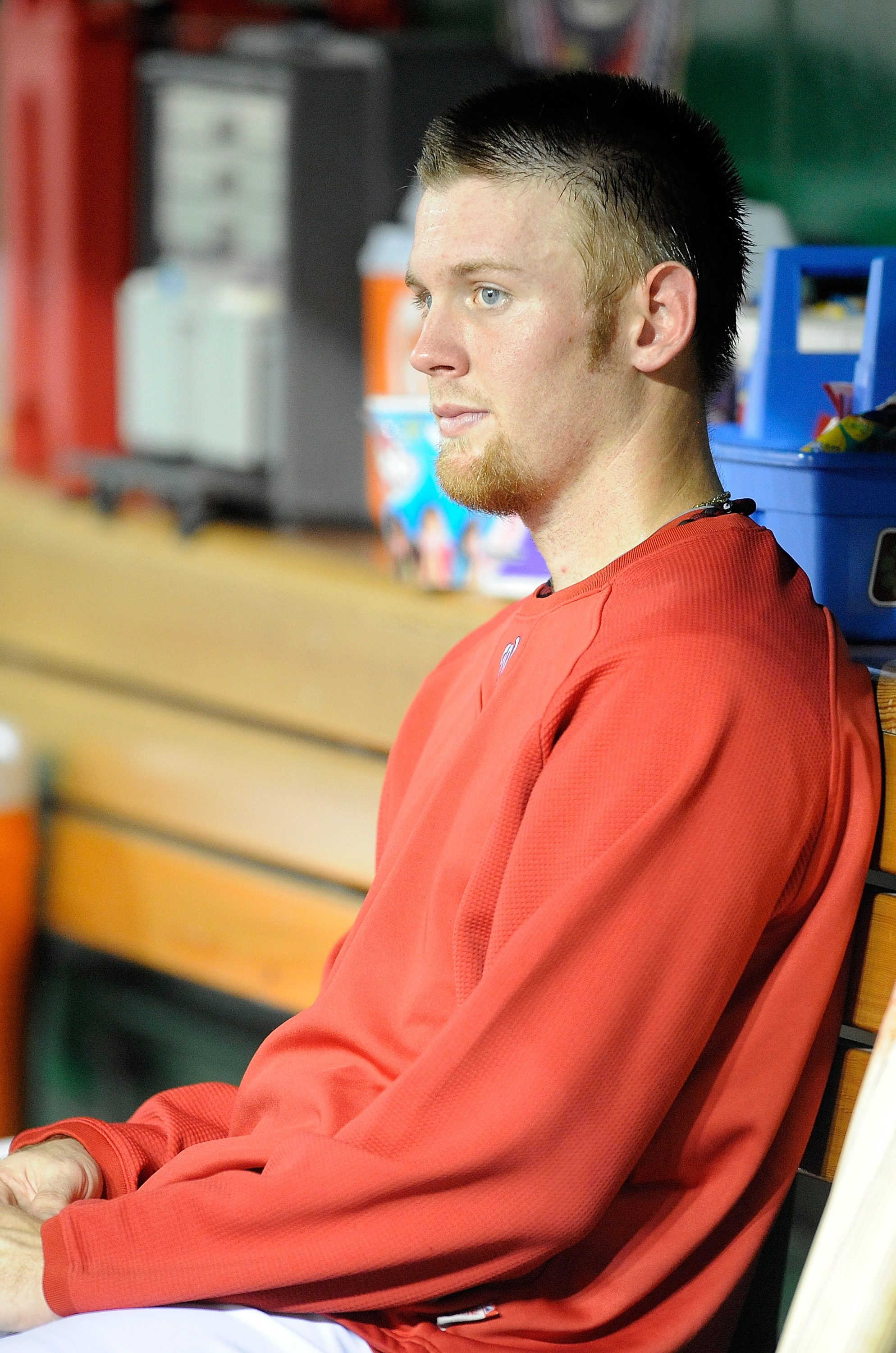 WASHINGTON - AUGUST 10:  Stephen Strasburg #37 of the Washington Nationals sits in the dugout during the sixth inning of the game against the Florida Marlins at Nationals Park on August 10, 2010 in Washington, DC.  (Photo by Greg Fiume/Getty Images)