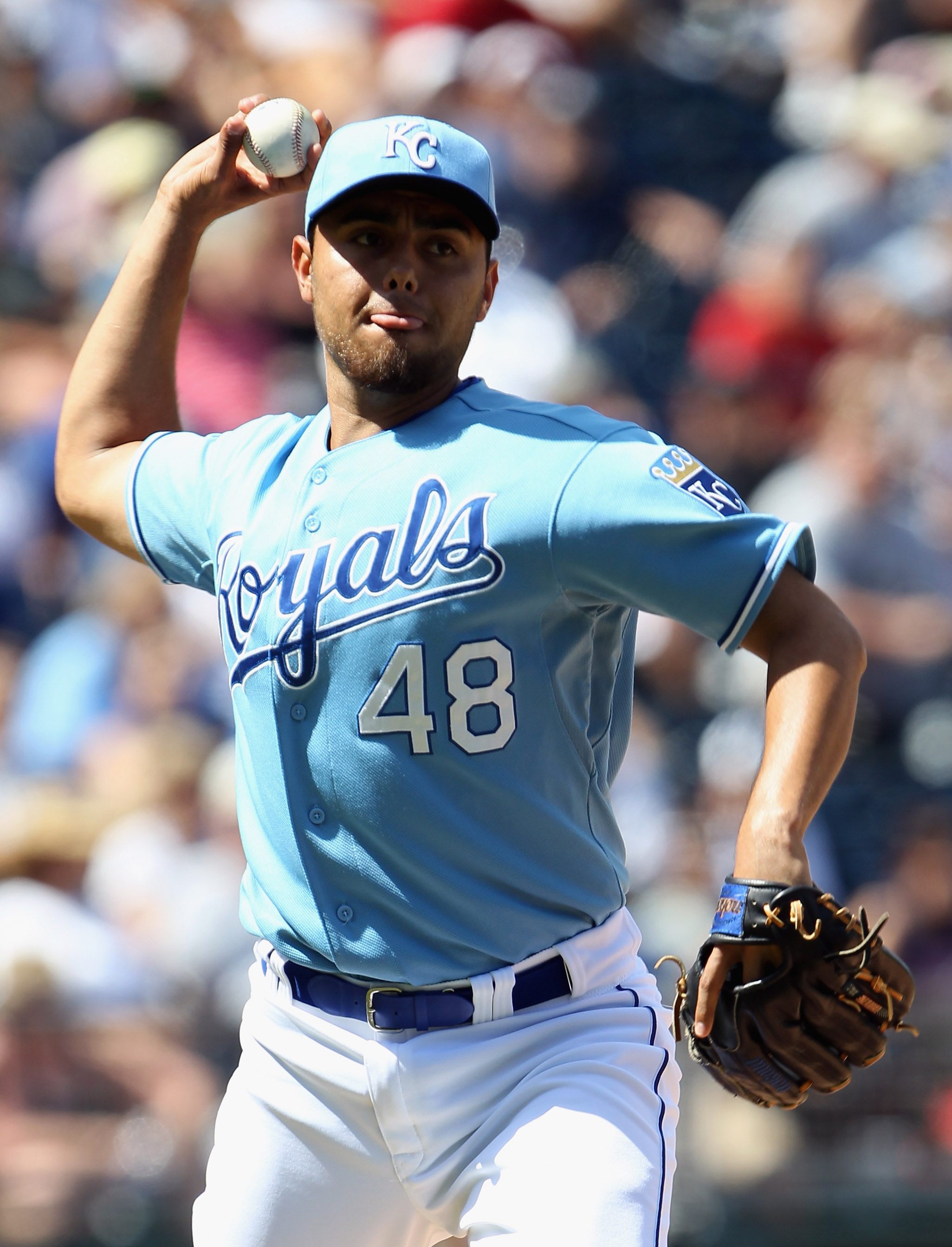 KANSAS CITY, MO - AUGUST 15:  Pitcher Joakim Soria #48 of the Kansas City Royals throws toward first during the game against the New York Yankees on August 15, 2010 at Kauffman stadium in Kansas City, Missouri.  (Photo by Jamie Squire/Getty Images)