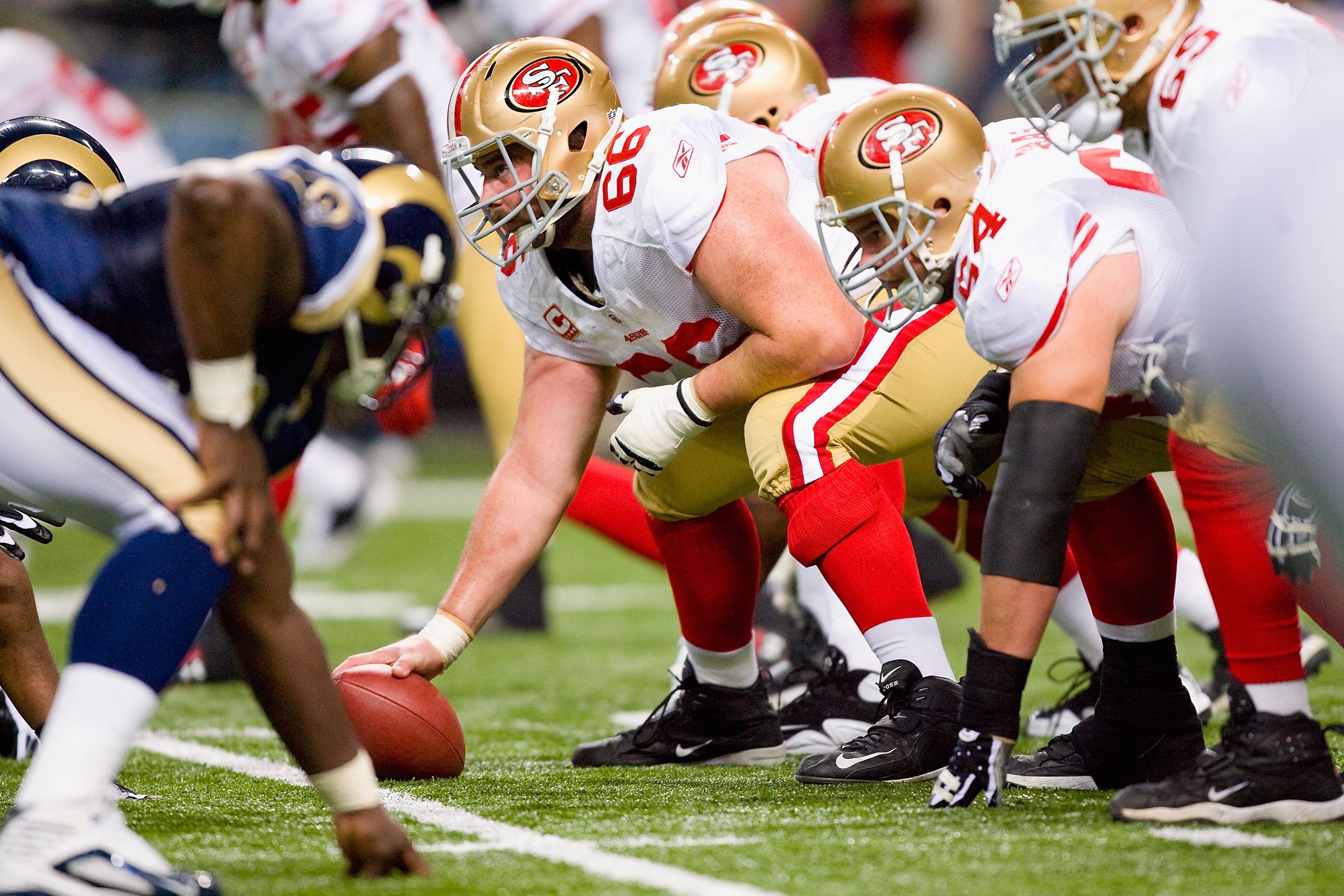 14 August 2009: San Francisco 49ers C Eric Heitmann (66) stretches before  the NFL pre-season game between the Denver Broncos and the San Francisco  49ers at Candlestick Park in San Francisco, CA