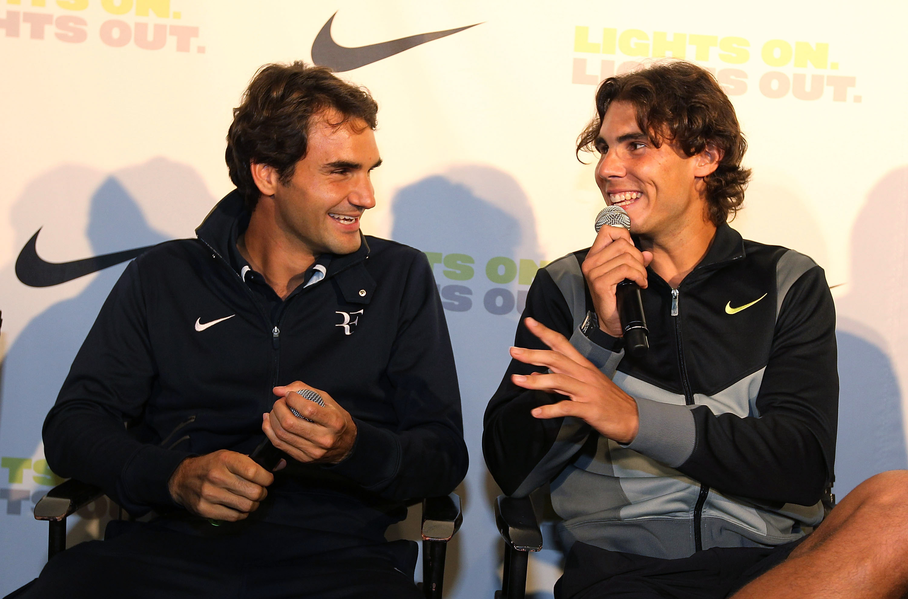 NEW YORK - AUGUST 25:  Roger Federe and Rafael Nadal appear at a press conference following The Nike Primetime Knockout Tennis Event at Pier 54 on August 25, 2010 in New York City.  (Photo By Al Bello/Getty Images for Nike)