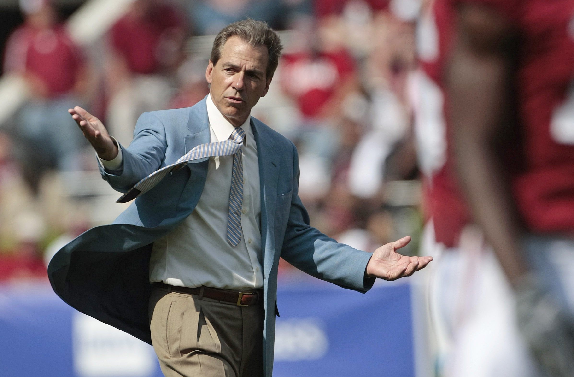 TUSCALOOSA, AL - APRIL 17: Coach Nick Saban of the Alabama Crimson Tide reacts during the Alabama spring game at Bryant Denny Stadium on April 17, 2010 in Tuscaloosa, Alabama. (Photo by Dave Martin/Getty Images)