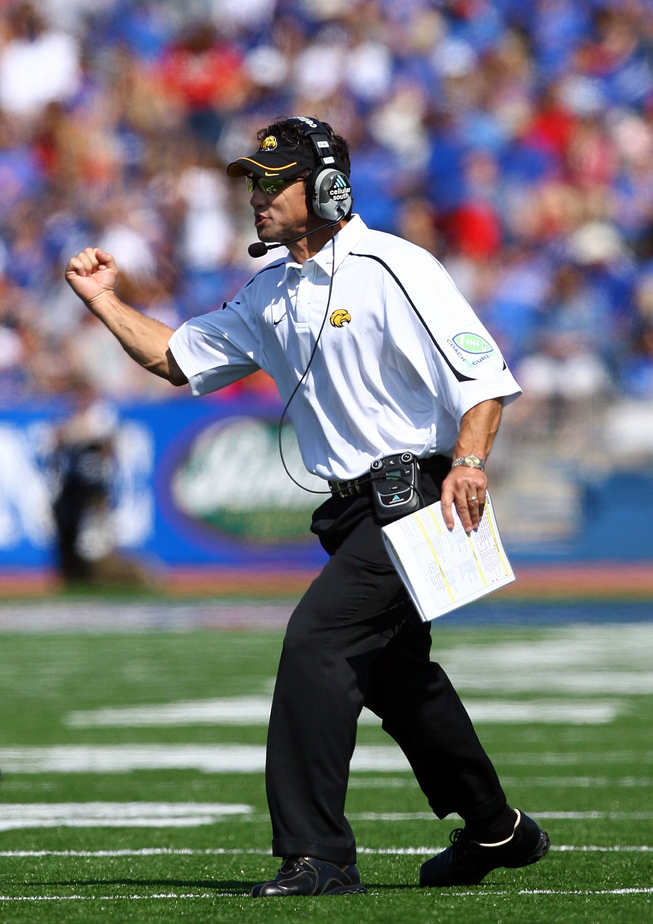 LAWRENCE, KS - SEPTEMBER 26:  Head coach Larry Fedora of the Southern Mississippi Golden Eagles reacts on the sidelines during the game against the Kansas Jayhawks on September 26, 2009 at Memorial Stadium in Lawrence, Kansas.  (Photo by Jamie Squire/Gett