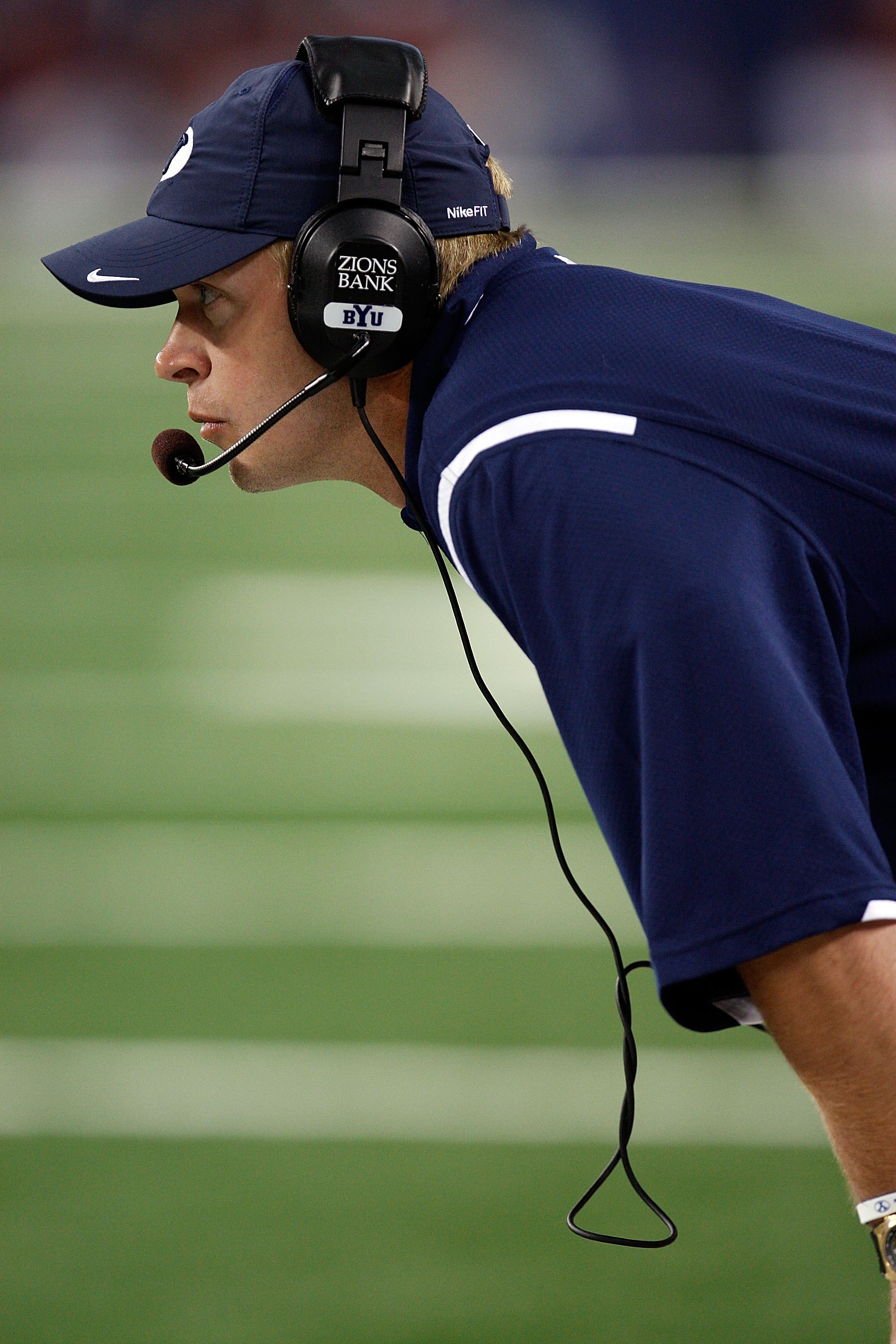 ARLINGTON, TX - SEPTEMBER 05:  Head coach Bronco Mendenhall of the Brigham Young Cougars at Cowboys Stadium on September 5, 2009 in Arlington, Texas.  (Photo by Ronald Martinez/Getty Images)