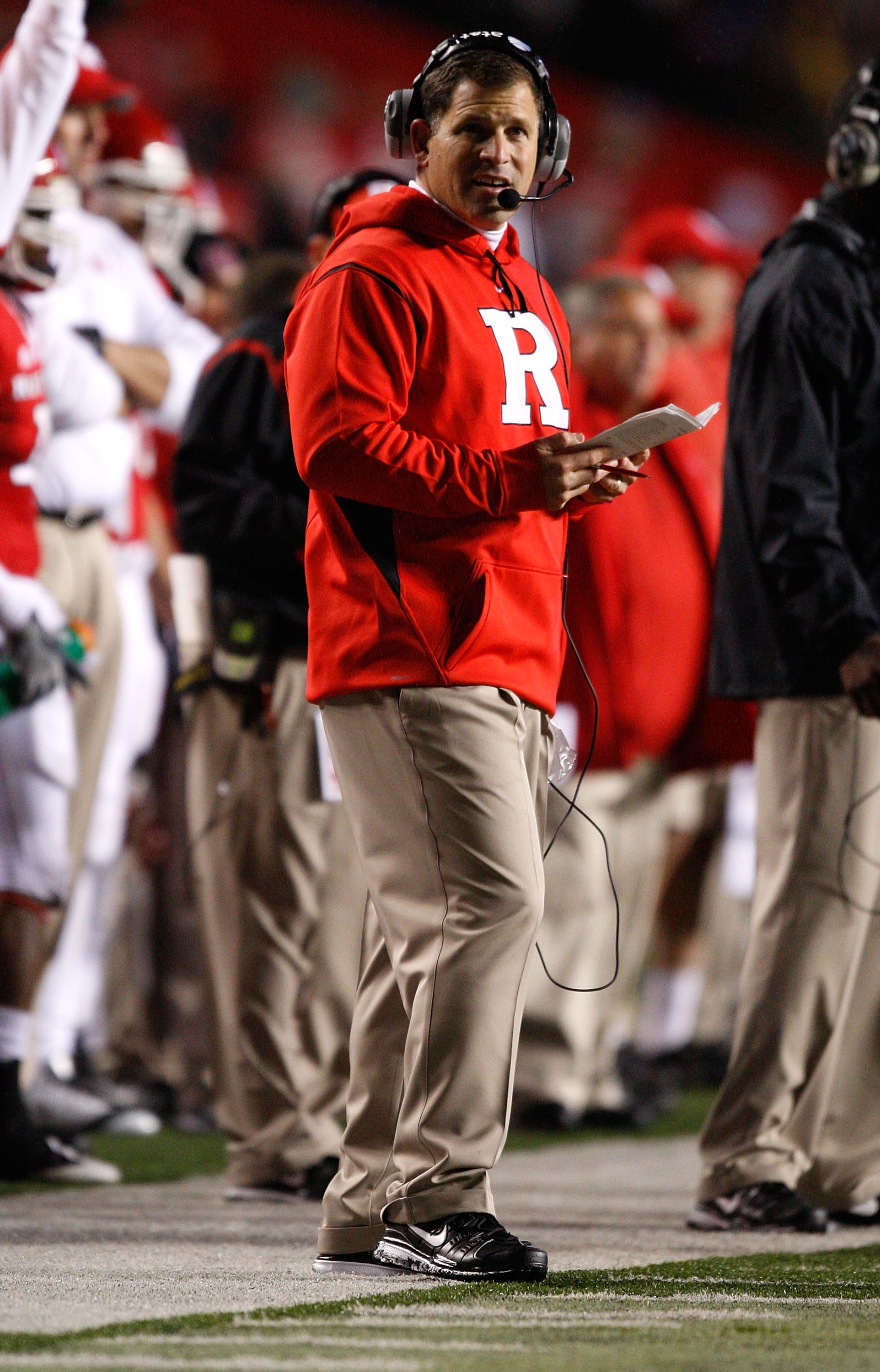 PISCATAWAY, NJ - OCTOBER 16: Head Coach Greg Schiano of the Rutgers University Scarlett Knights watches his team play against the University of Pittsburgh Panthers on October 16, 2009 at Rutgers Stadium in Piscataway, New Jersey. (Photo by Jared Wickerham