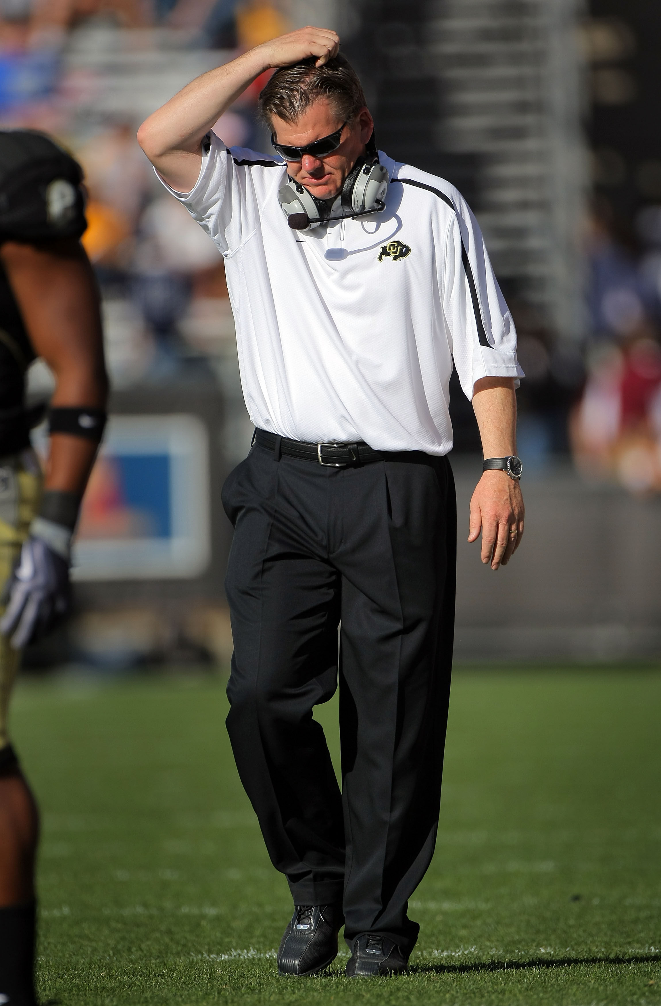 BOULDER, CO - NOVEMBER 07:  Head coach Dan Hawkins leads the Colorado Buffaloes against the Texas A&M Aggies during NCAA college football action at Folsom Field on November 7, 2009 in Boulder, Colorado. Colorado defeated Texas A&M 35-34.  (Photo by Doug P