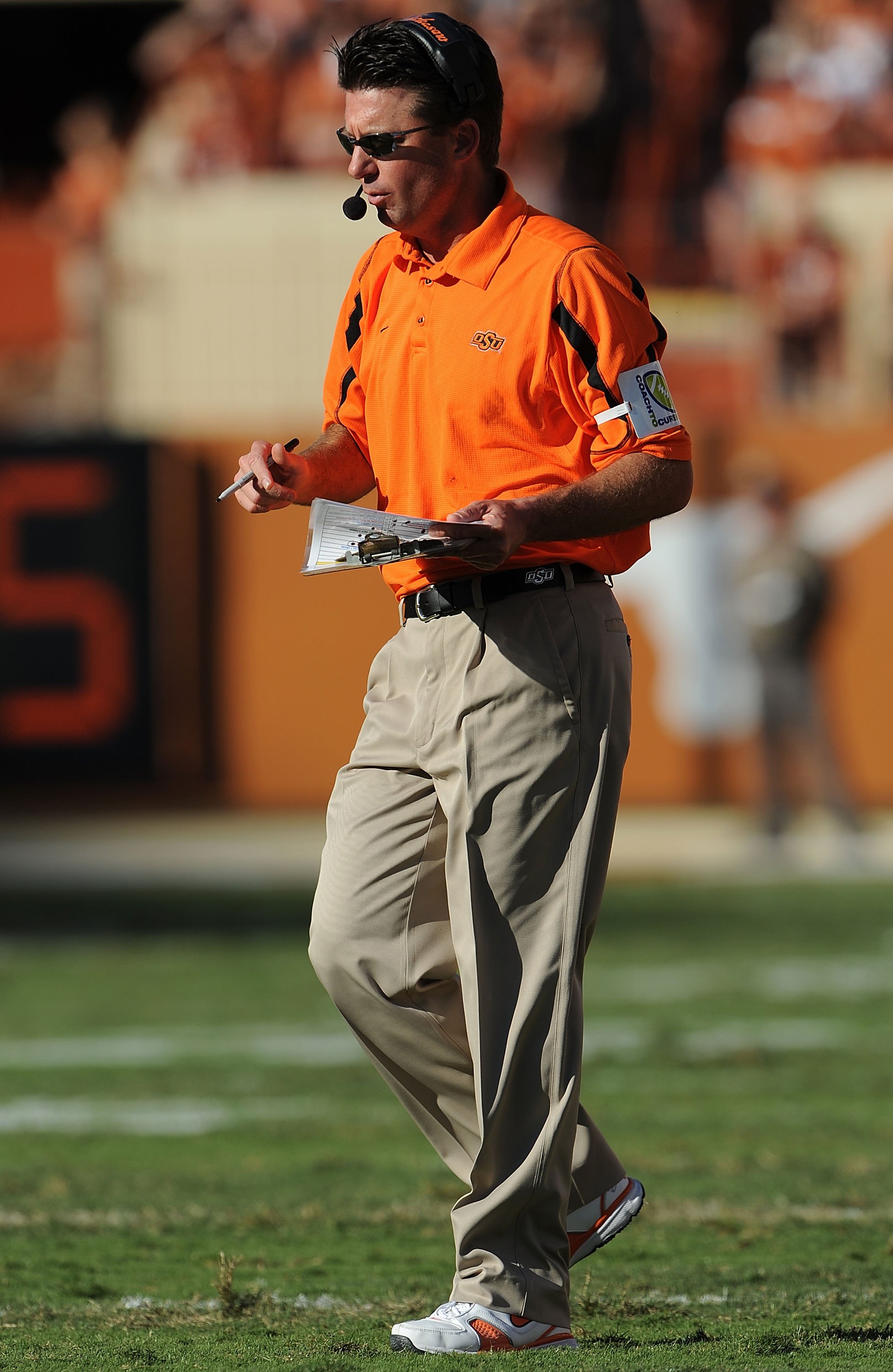 AUSTIN, TX - OCTOBER 25:  Head coach Mike Gundy of the Oklahoma State Cowboys during play against the Texas Longhorns at Texas Memorial Stadium on October 25, 2008 in Austin, Texas.  (Photo by Ronald Martinez/Getty Images)
