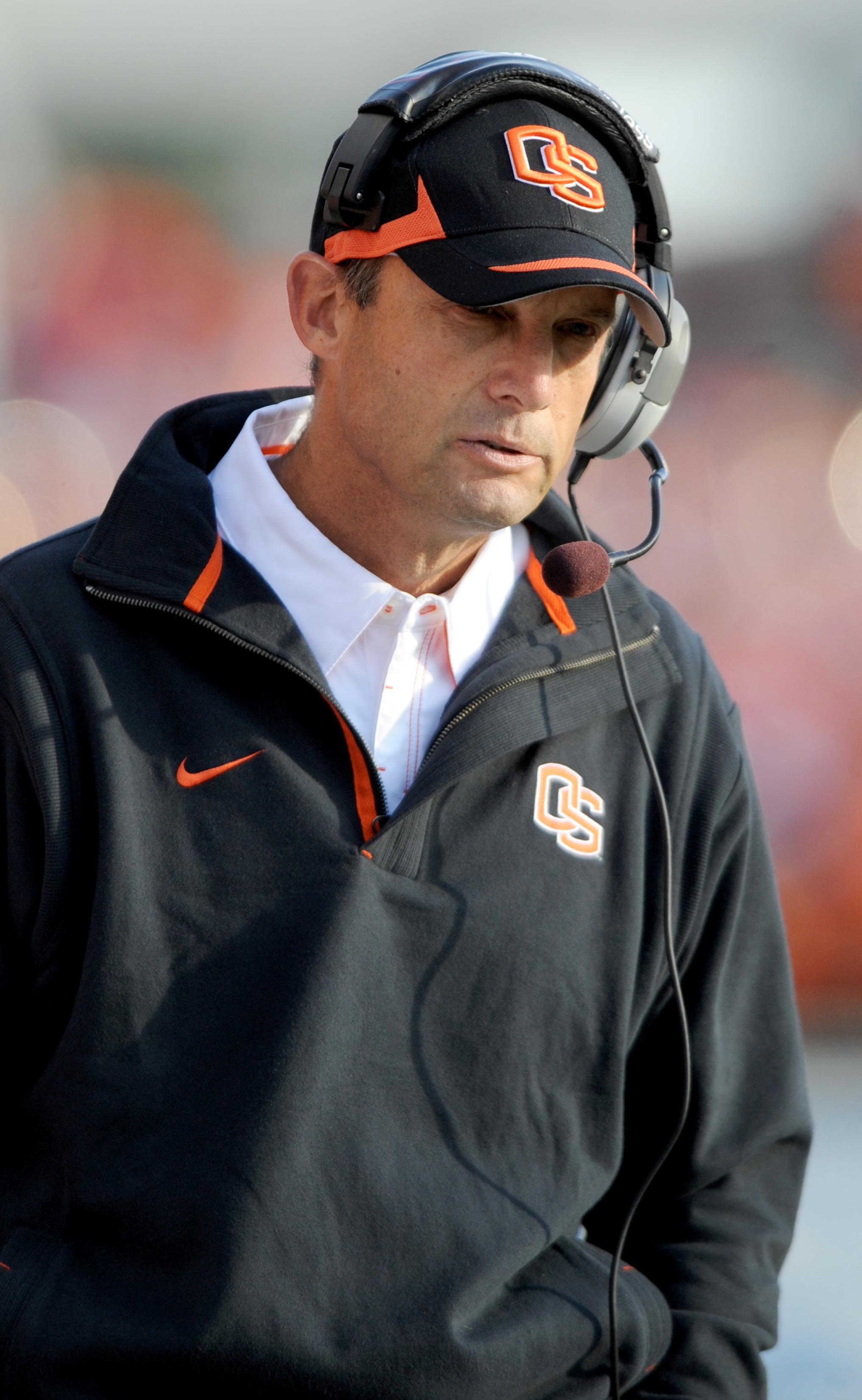 CORVALLIS, OR - OCTOBER 10: Head coach Mike Riley of the Oregon State Beavers looks out at the action on the field in the third quarter of the game against the Stanford Cardinals at Reser Stadium on October 10, 2009 in Corvallis, Oregon. Oregon State won