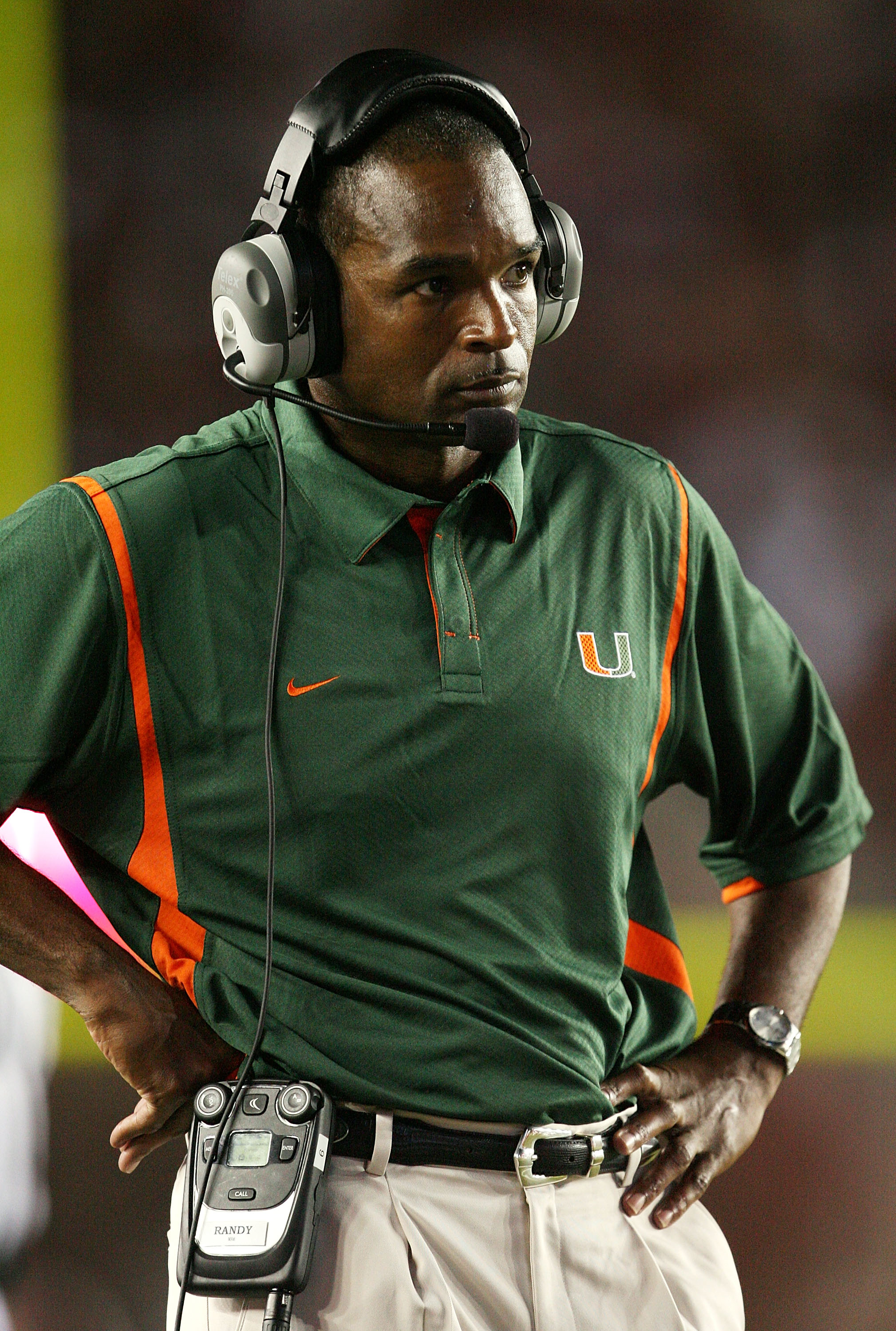 TALLAHASSEE, FL - SEPTEMBER 07:  Head coach Randy Shannon of the Miami Hurricanes watches his team take on the Florida State Seminoles at Doak Campbell Stadium on September 7, 2009 in Tallahassee, Florida. Miami defeated Florida State 38-34.  (Photo by Do