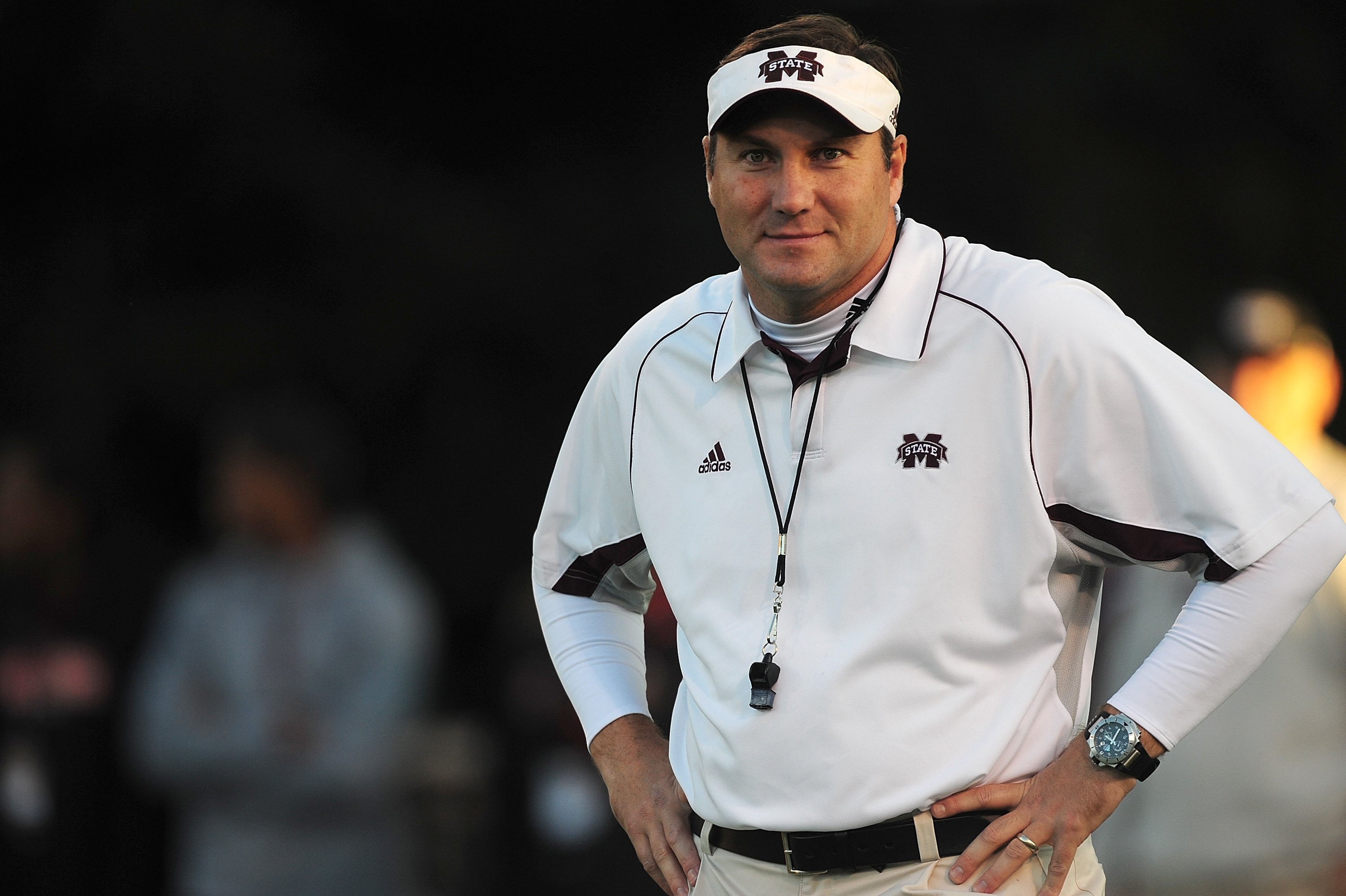 STARKVILLE, MS - OCTOBER 24:  Head coach Dan Mullen of the Mississippi State Bulldogs, during pre game warm up against the Florida Gators, at Davis Wade Stadium on  October 24, 2009 in Starkville, Mississippi  (Photo by Rick Dole/Getty Images)