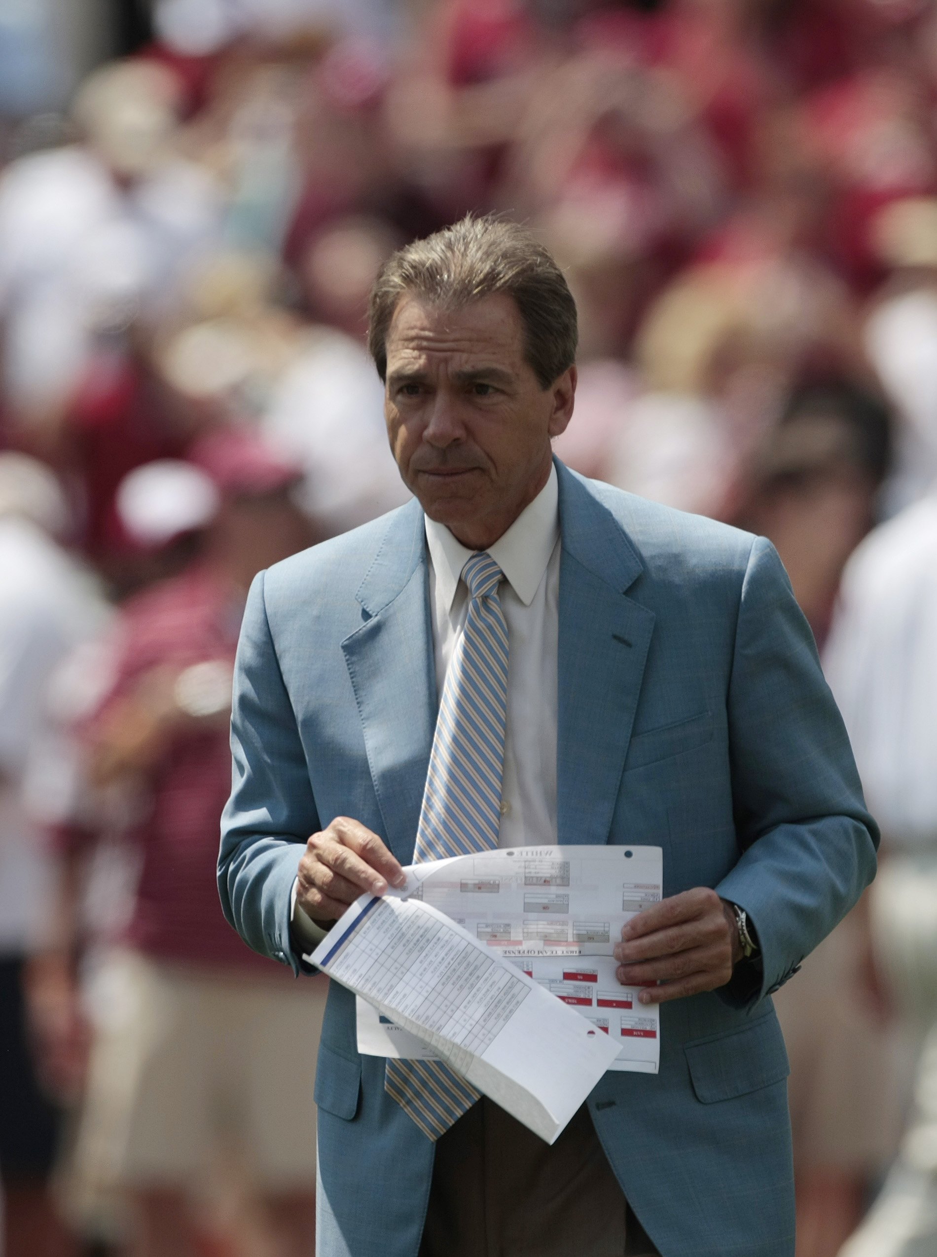 TUSCALOOSA, AL - APRIL 17:  Coach Nick Saban of the Alabama Crimson Tide watches during the Alabama spring game at Bryant Denny Stadium on April 17, 2010 in Tuscaloosa, Alabama. (Photo by Dave Martin/Getty Images)