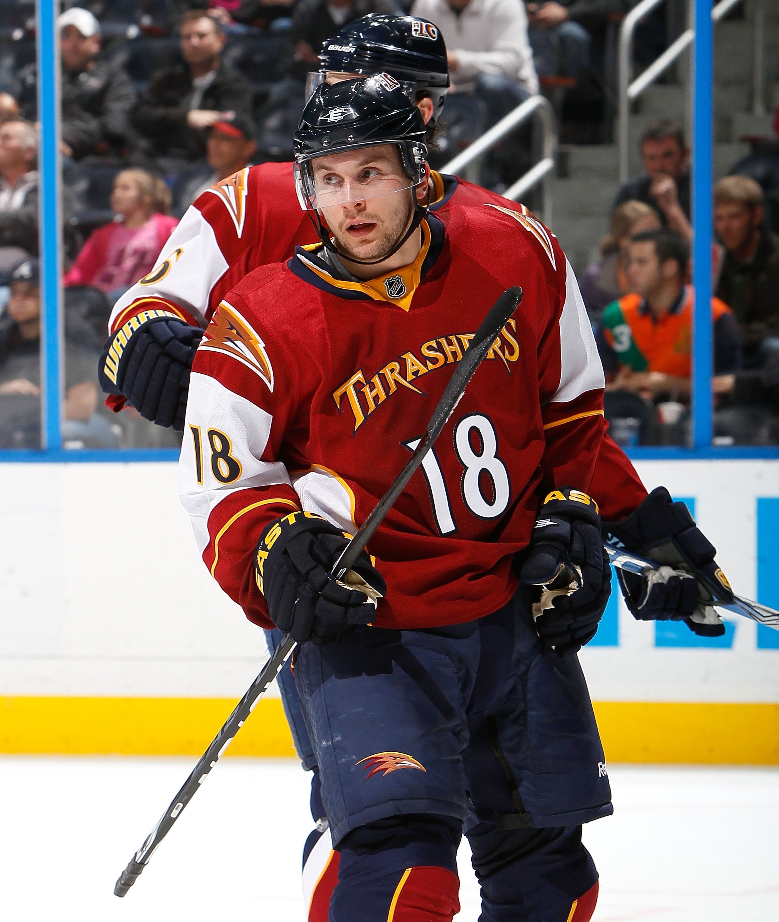 ATLANTA - MARCH 25: Niclas Bergfors #18 of the Atlanta Thrashers against the Toronto Maple Leafs at Philips Arena on March 25, 2010 in Atlanta, Georgia. (Photo by Kevin C. Cox/Getty Images)