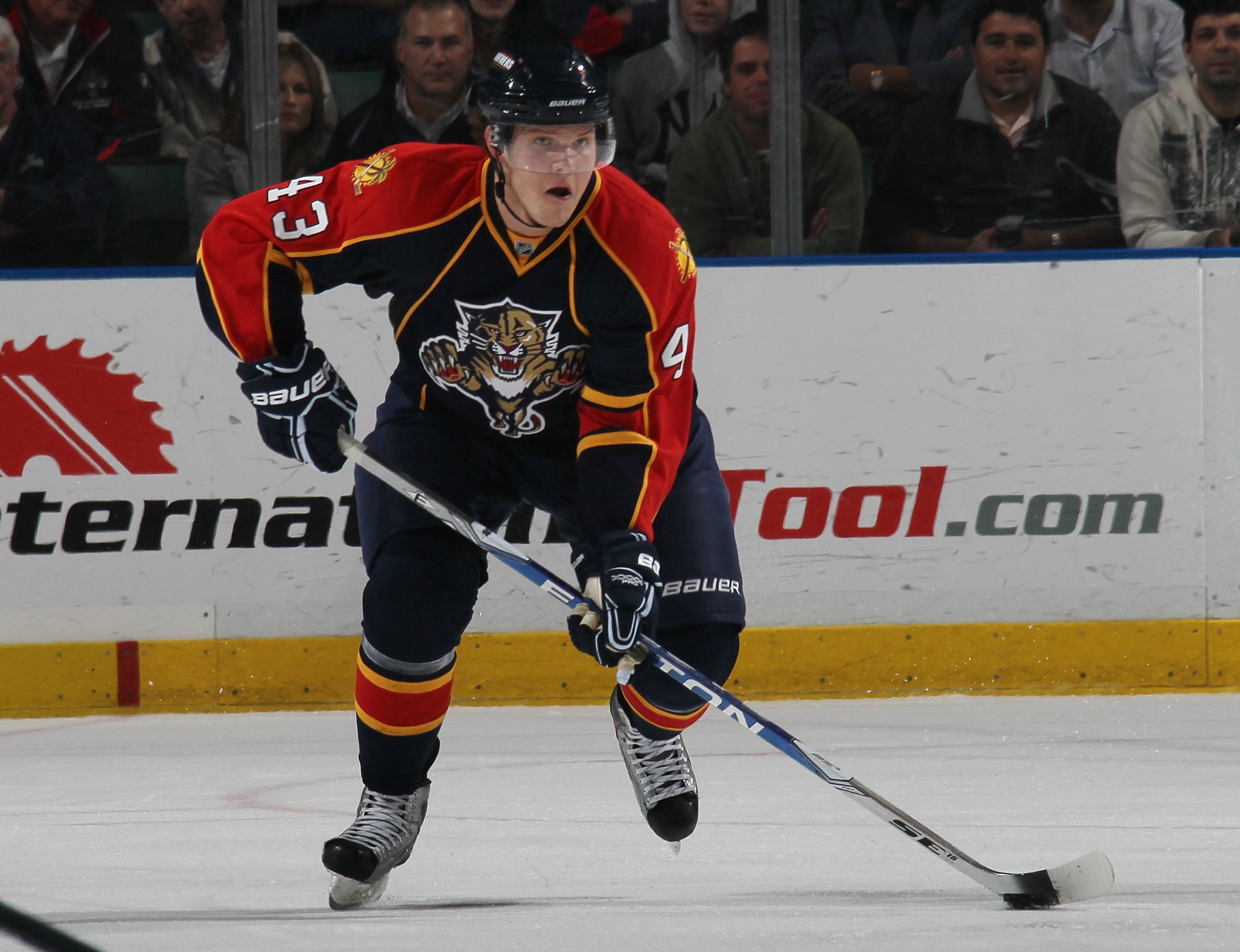 SUNRISE, FL - JANUARY 26: Dmitry Kulikov #43 of the Florida Panthers skates against the Montreal Canadiens at the BankAtlantic Center on January 26, 2010 in Sunrise, Florida.  (Photo by Bruce Bennett/Getty Images)