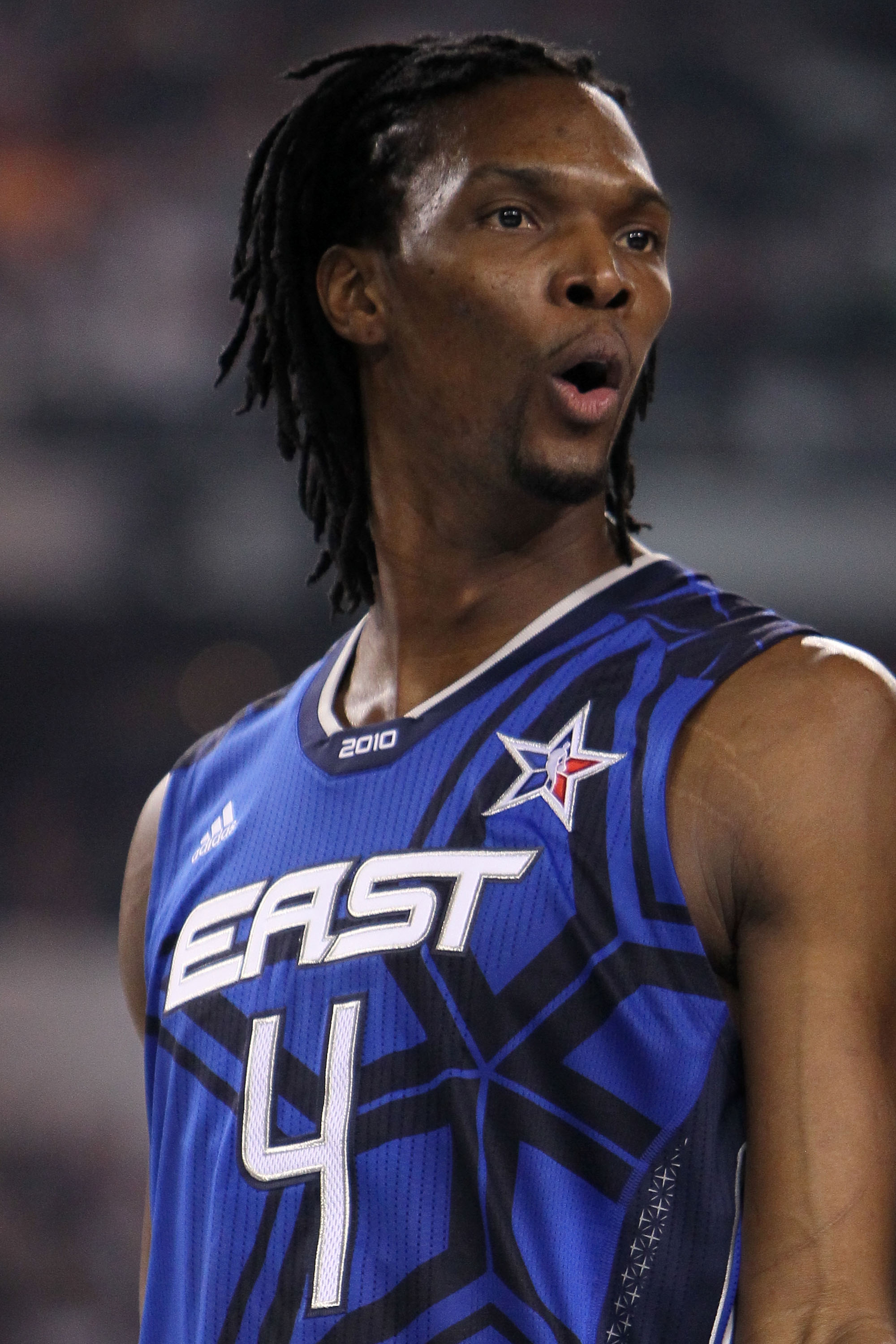 ARLINGTON, TX - FEBRUARY 14:  Chris Bosh #4 of the Eastern Conference reacts during the first half of the NBA All-Star Game, part of 2010 NBA All-Star Weekend at Cowboys Stadium on February 14, 2010 in Arlington, Texas. NOTE TO USER: User expressly acknow
