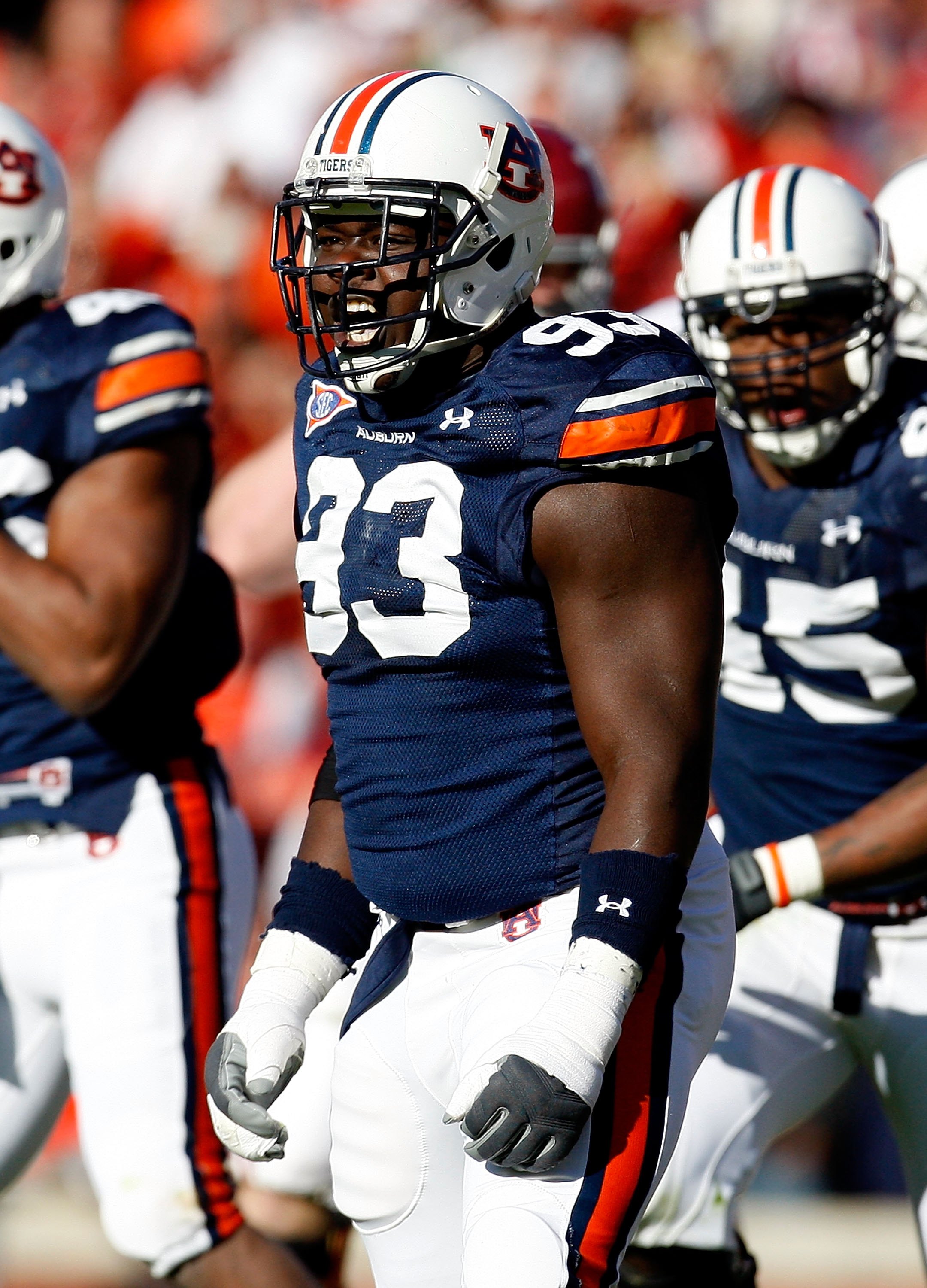 AUBURN, AL - NOVEMBER 27: Mike Blanc #93 of the Auburn Tigers against the Alabama Crimson Tide at Jordan-Hare Stadium on November 27, 2009 in Auburn, Alabama. (Photo by Kevin C. Cox/Getty Images)