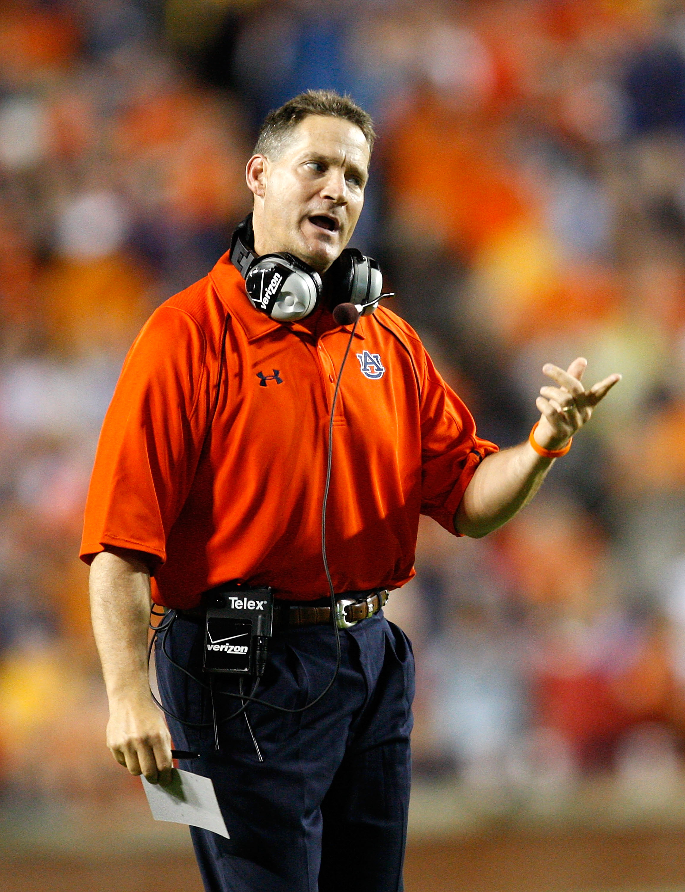 AUBURN, AL - SEPTEMBER 19: Head coach Gene Chizik of the Auburn Tigers looks on during the game against the West Virginia Mountaineers at Jordan-Hare Stadium on September 19, 2009 in Auburn, Alabama. (Photo by Kevin C. Cox/Getty Images)